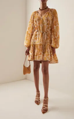 Zimmermann Raie Tiered Billow Mini Dress Gold Damask Size 0/Au 8 for rent on The Volte - image 4