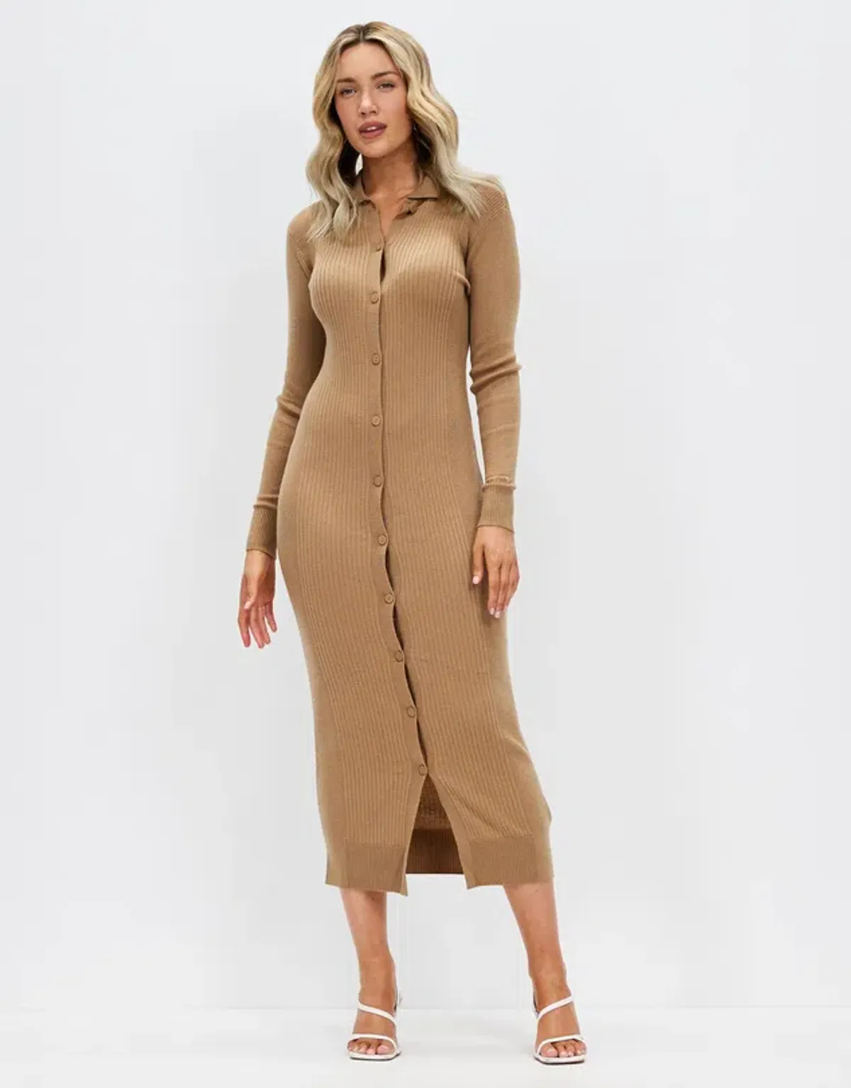 Calvin Klein Wool Tencel Rib Midi Dress Safari Canvas Size 10 - Image 1