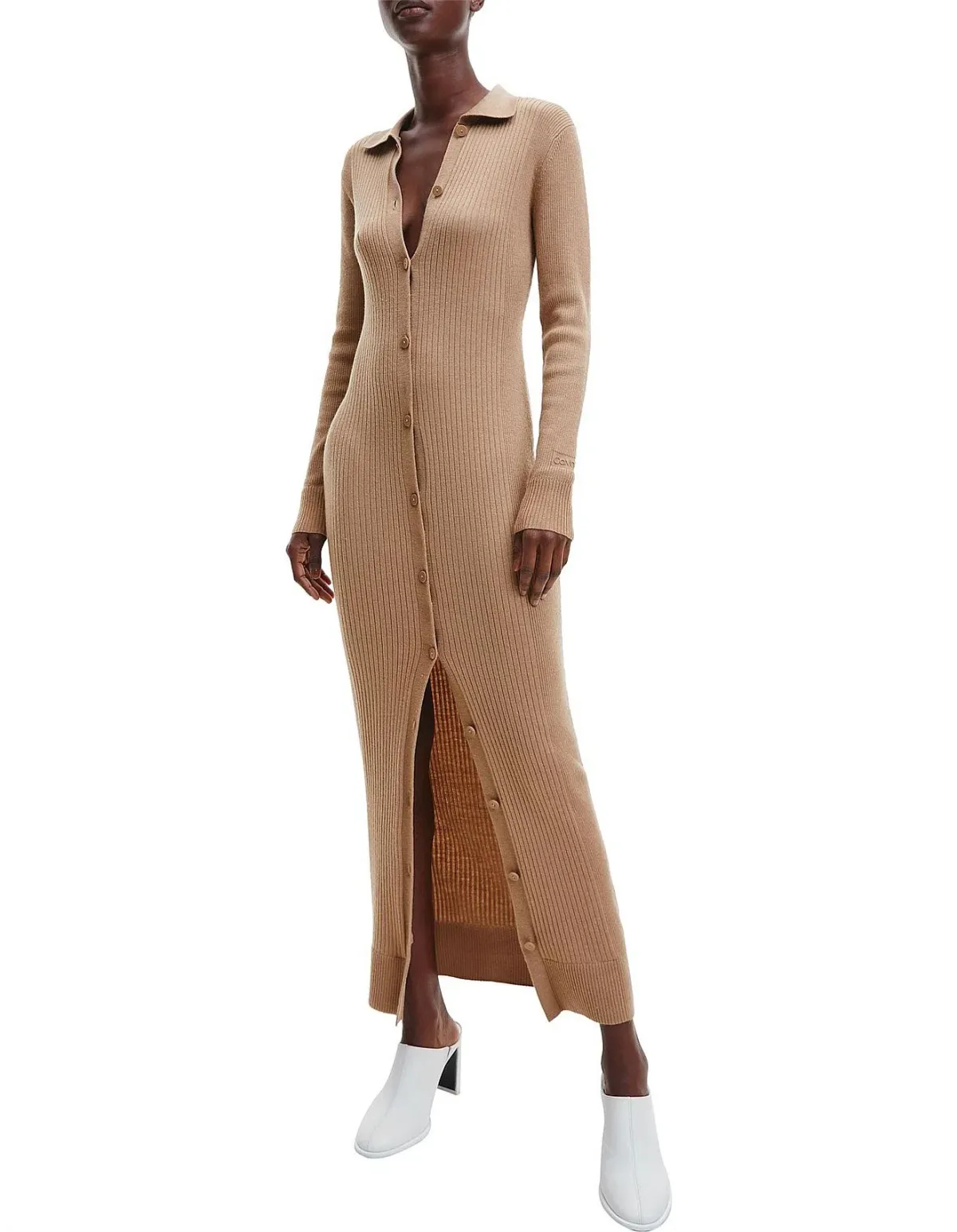 Calvin Klein Wool Tencel Rib Midi Dress Safari Canvas Size 10 - Image 2