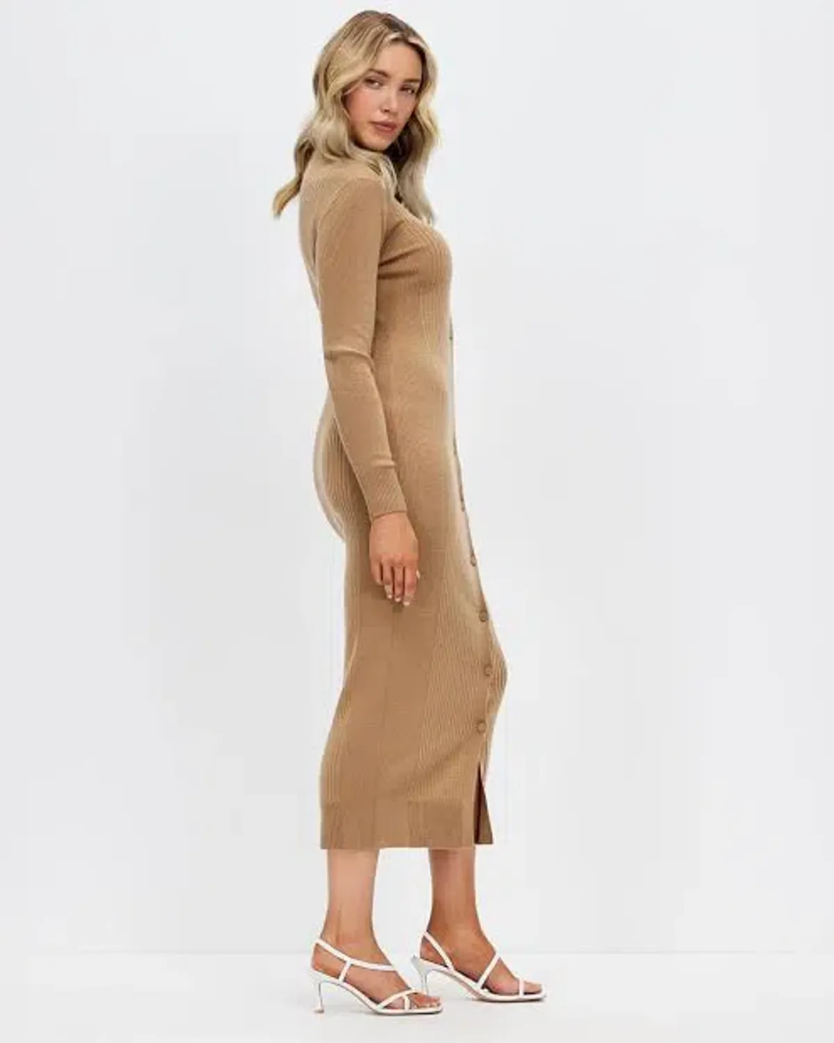 Calvin Klein Wool Tencel Rib Midi Dress Safari Canvas Size 10 - Image 6
