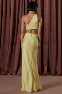 MISHA Kristin Satin Gown Soft Lime Yellow Size 8/S  for rent on The Volte - image 3