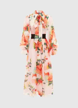 Leo Lin Florescence Silk Midi Dress Blossom Sorbet Floral Print Size 14 for rent on The Volte - image 1