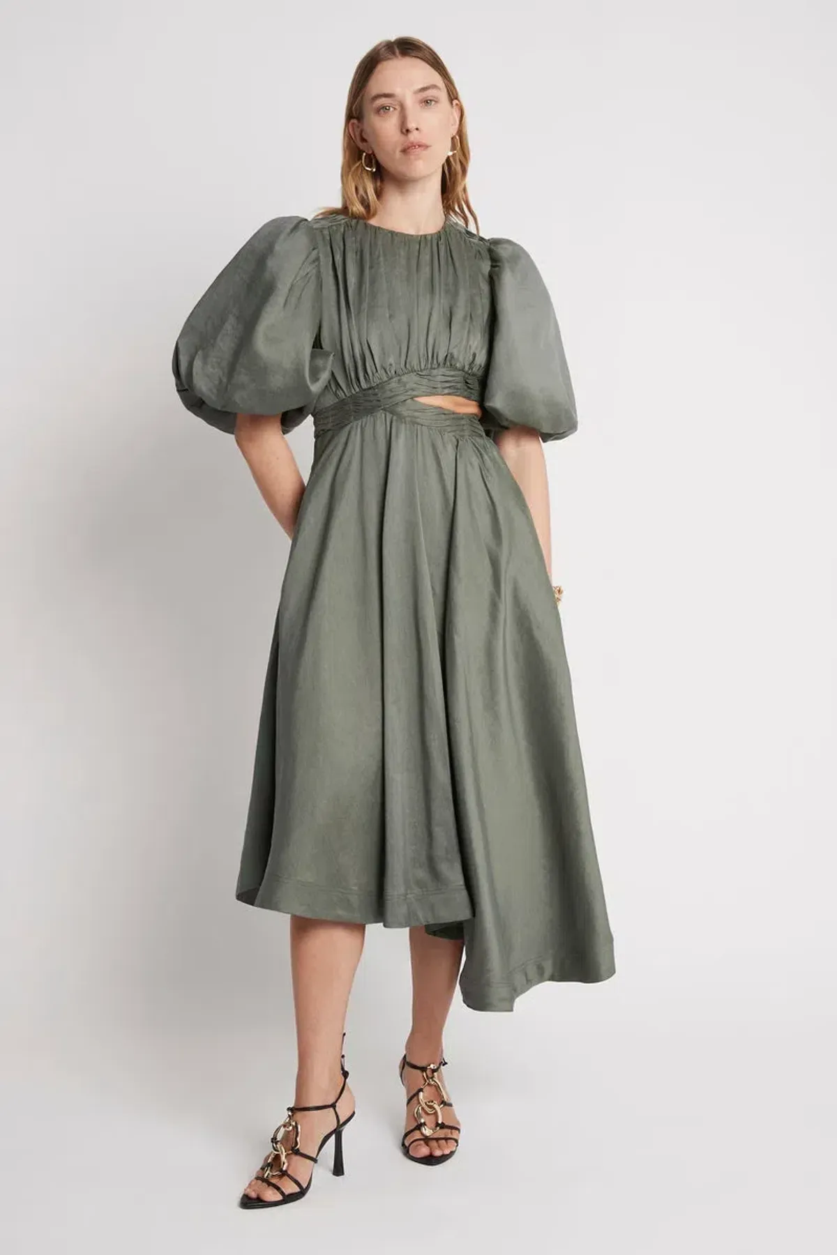 Aje Tidal Tucked Cut Out Midi Dress Oakmoss Size 14 - Image 1