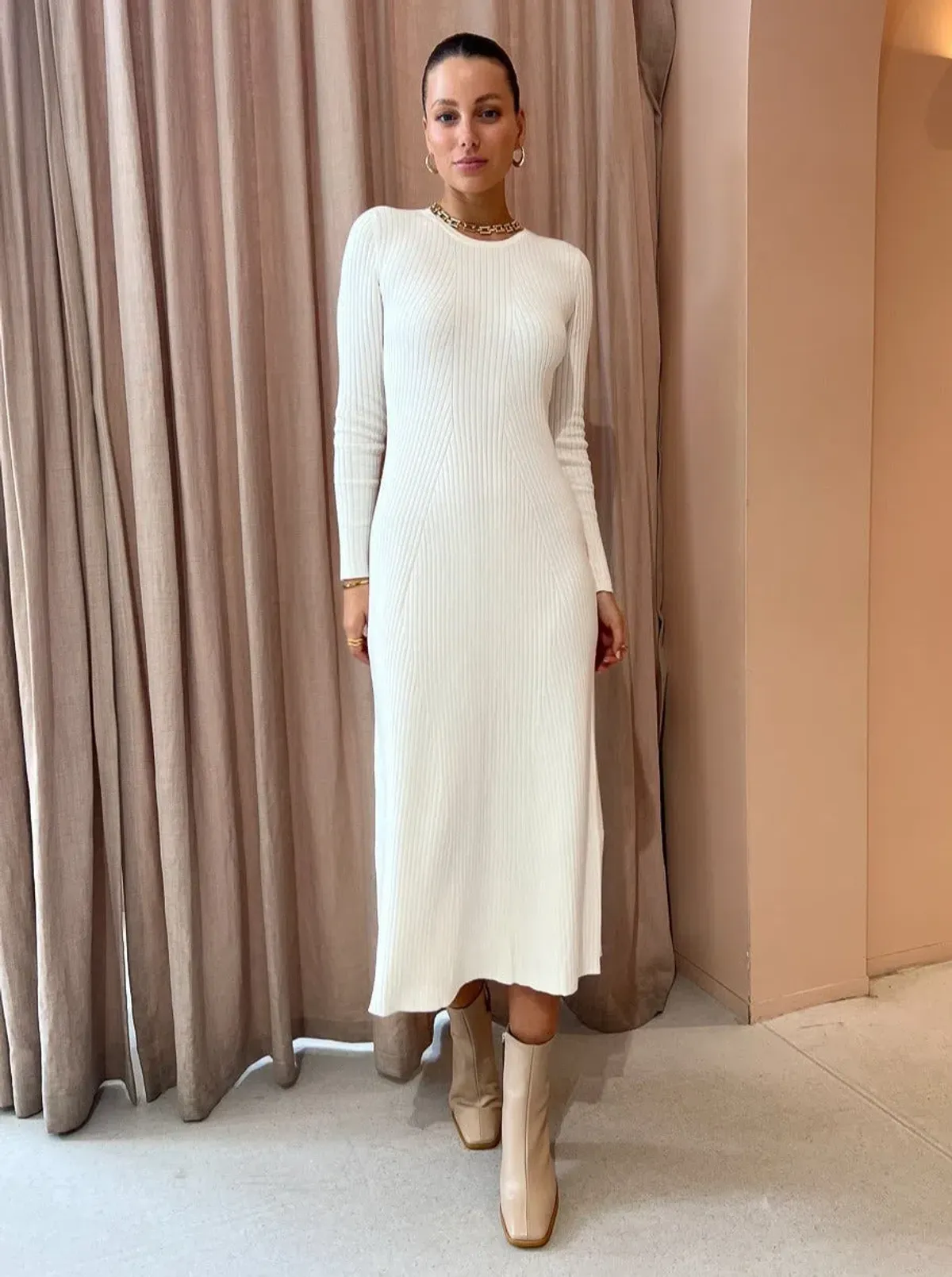 Elka Collective Linea Knit Midi Dress Ivory Size 6 - Image 1