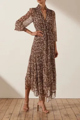Shona Joy Blossom Plunged Midi Dress In Choc/Multi Size 6 for rent on The Volte - image 1