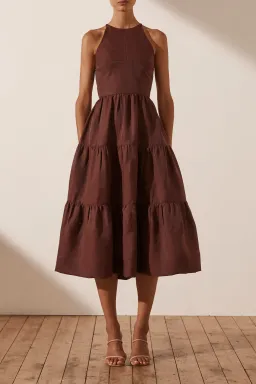 Shona Joy Marlene Open Back Tiered Midi Dress in Chocolate Size 6 for rent on The Volte - image 2