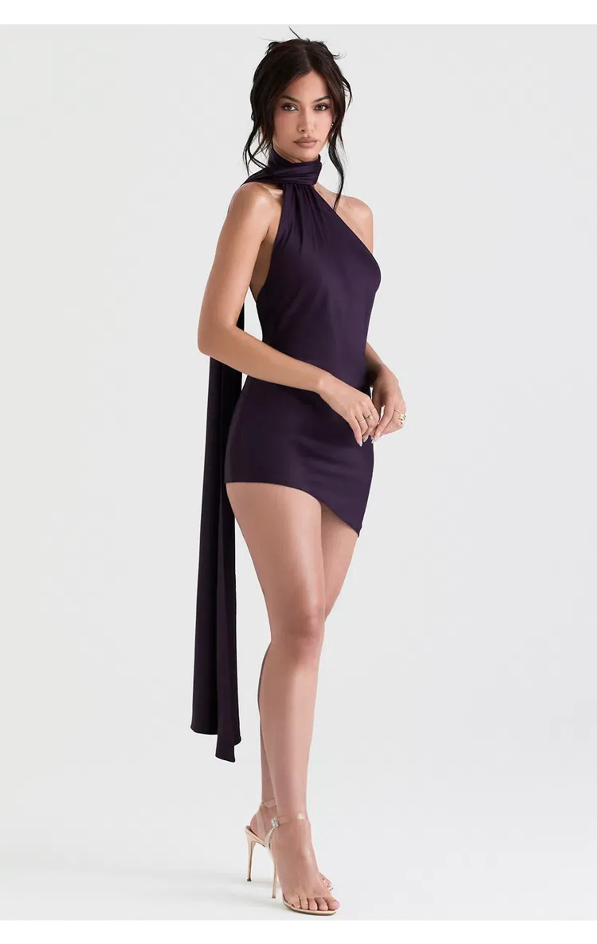 House of CB Aida Asymmetric Satin Wrap Neck Mini Dress in Nightshade Size M/ AU 10 - Image 3