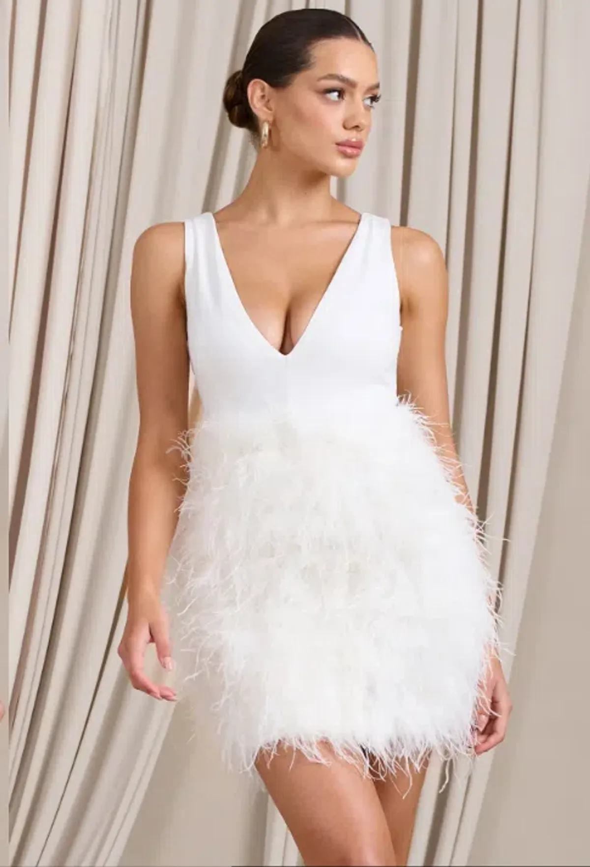 Club L London Flirt  Plunge Front Mini Dress with Feather Skirt White Size 4  - Image 2