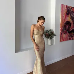 Herve Leger Sara Gown  Gold Size Small/AU 8 for rent on The Volte - image 2