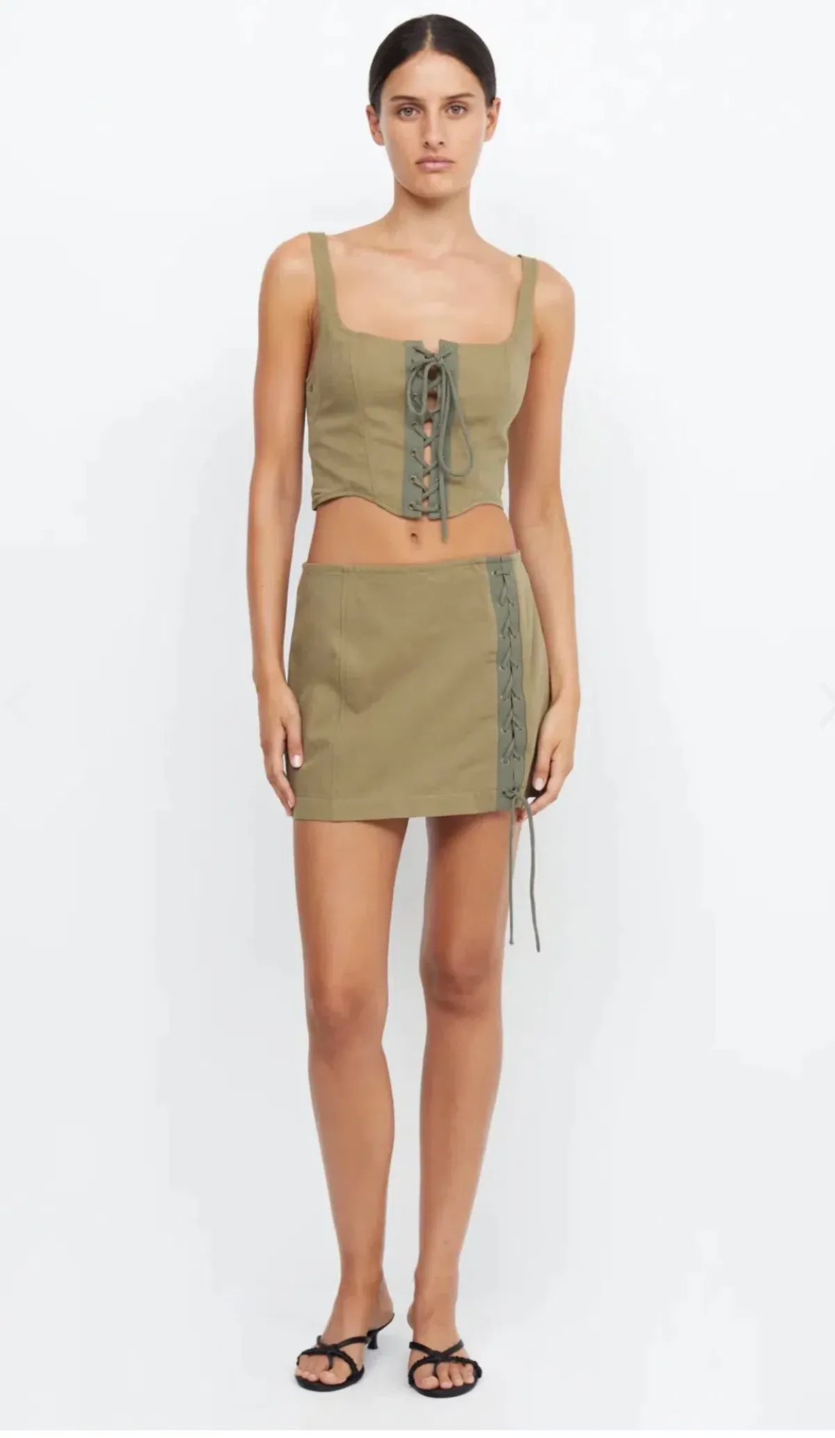 Bec and Bridge Remi Mini Skirt Spliced Khaki Size 8 - Image 1