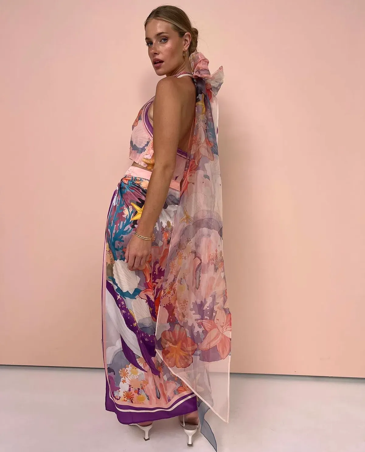 LEO LIN Evie/Estella Wrap Midi Skirt in Neptune Print in Coral Size 8 - Image 3