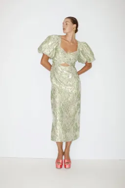 Alemais Mira Puff Sleeve Midi Dress Green Silver Size 14 for rent on The Volte - image 1