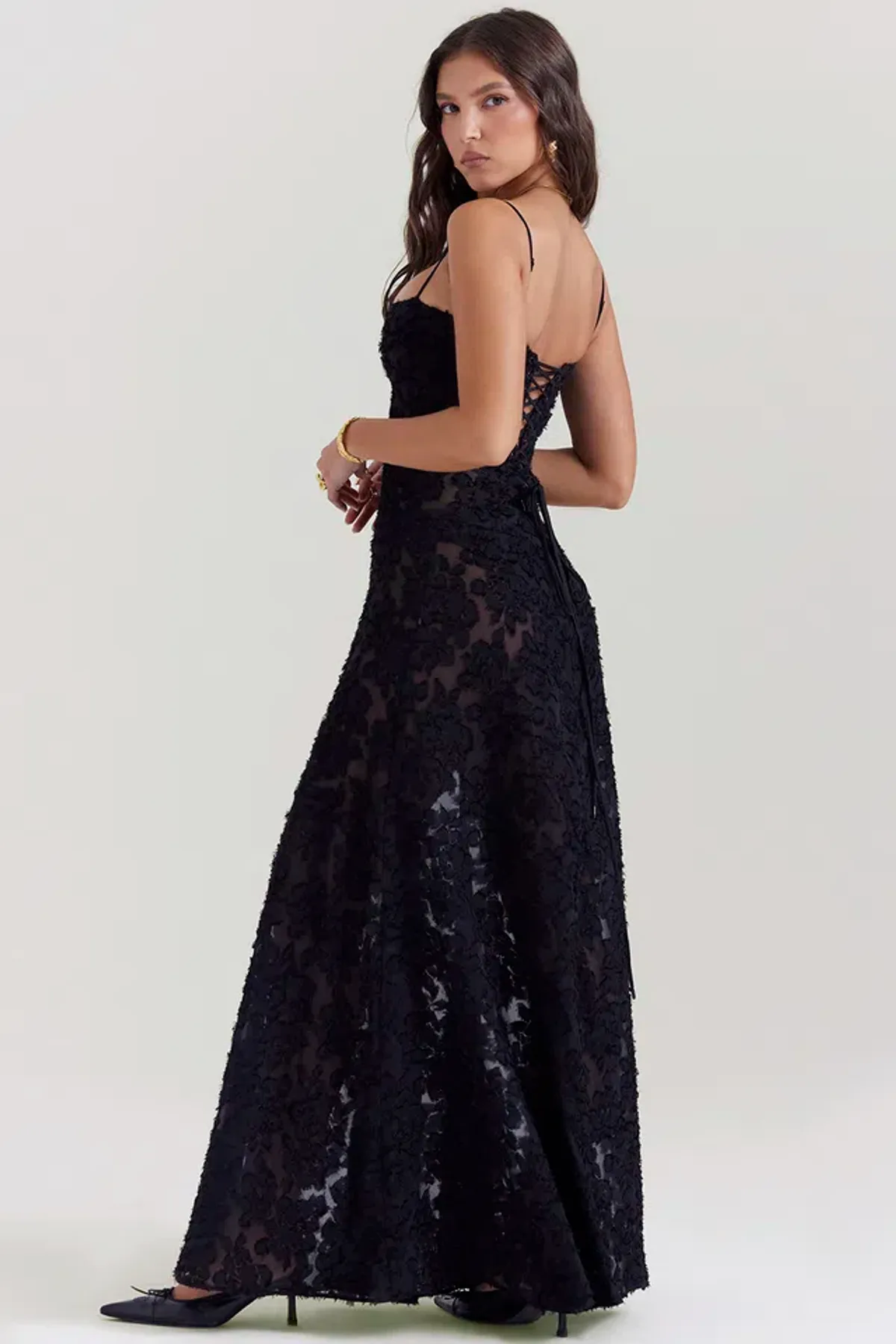 House Of CB Seren Floral Lace Back Maxi Dress Black Size S/Au 8 - Image 5