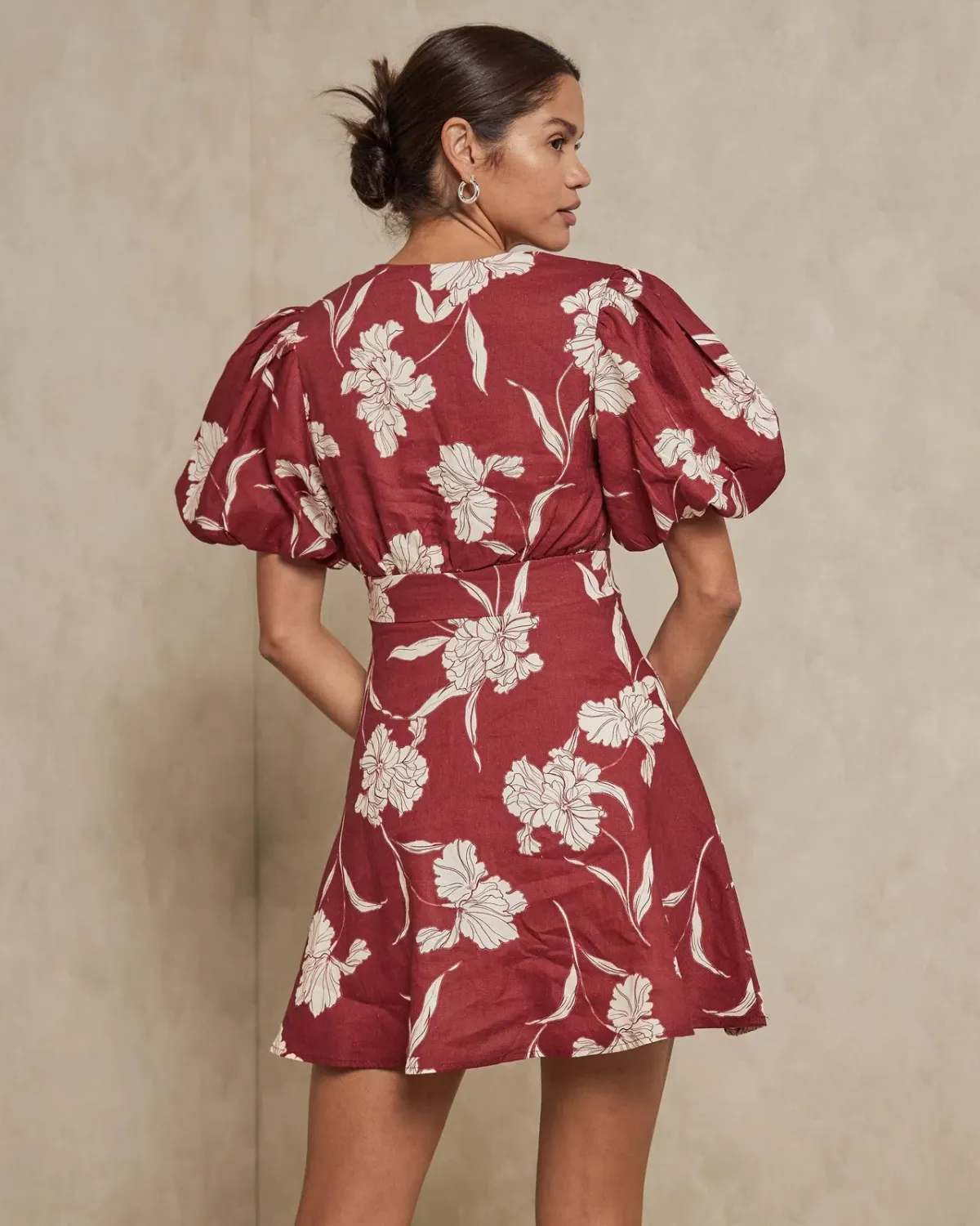 Aere Waisted Linen Mini Dress Red Print Size 12 - Image 2