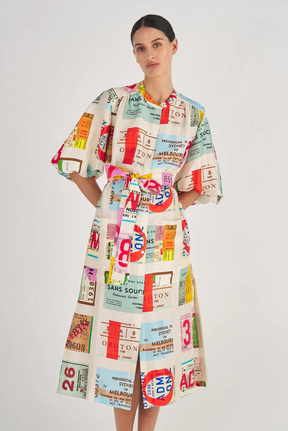 Oroton Ticket Print Shirt Midi Dress Multi Print Size 16 - Image 4