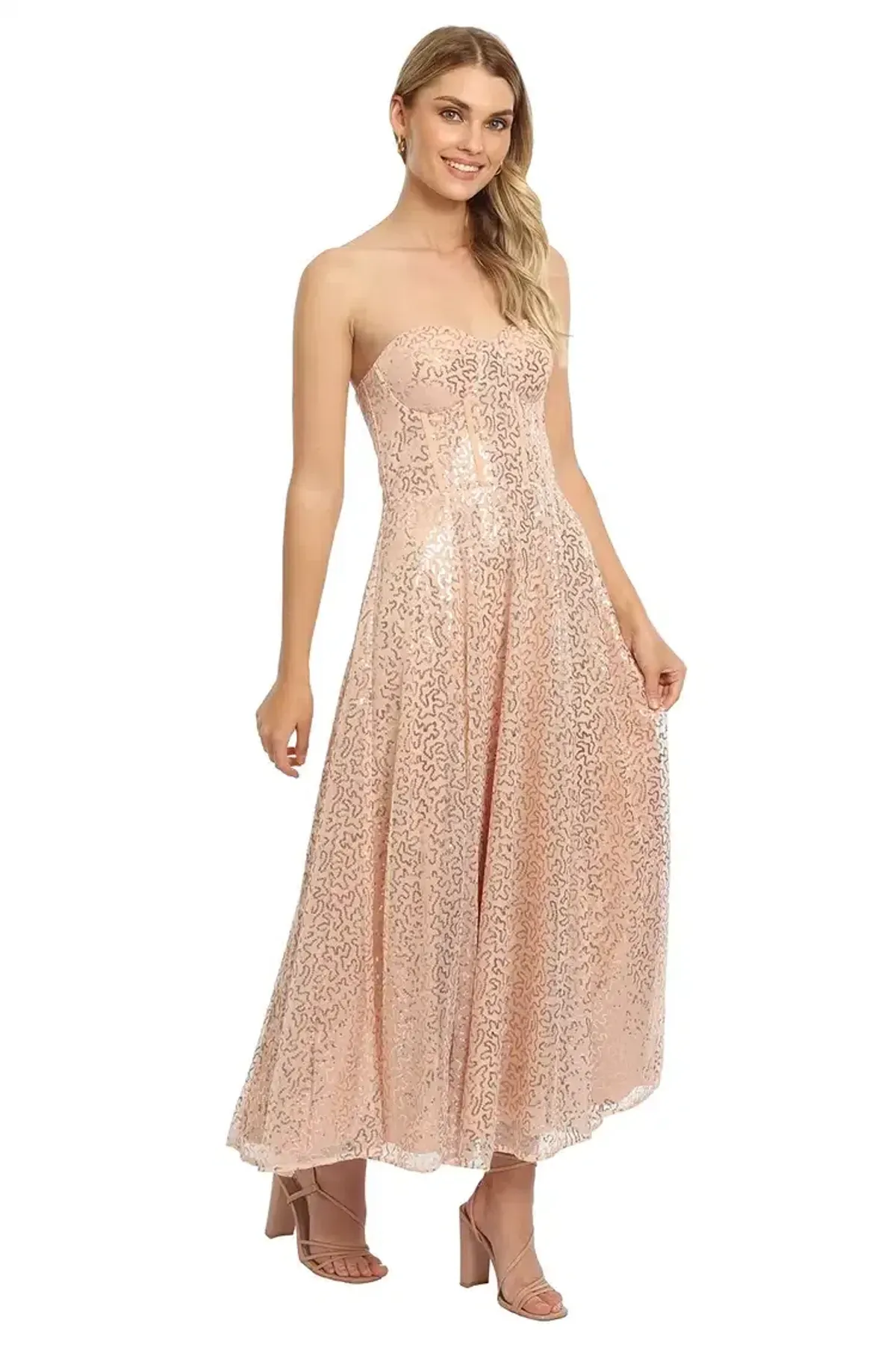 Elle Zeitoune Lana Bustier Midi Dress in Rose Gold Size 12 - Image 4