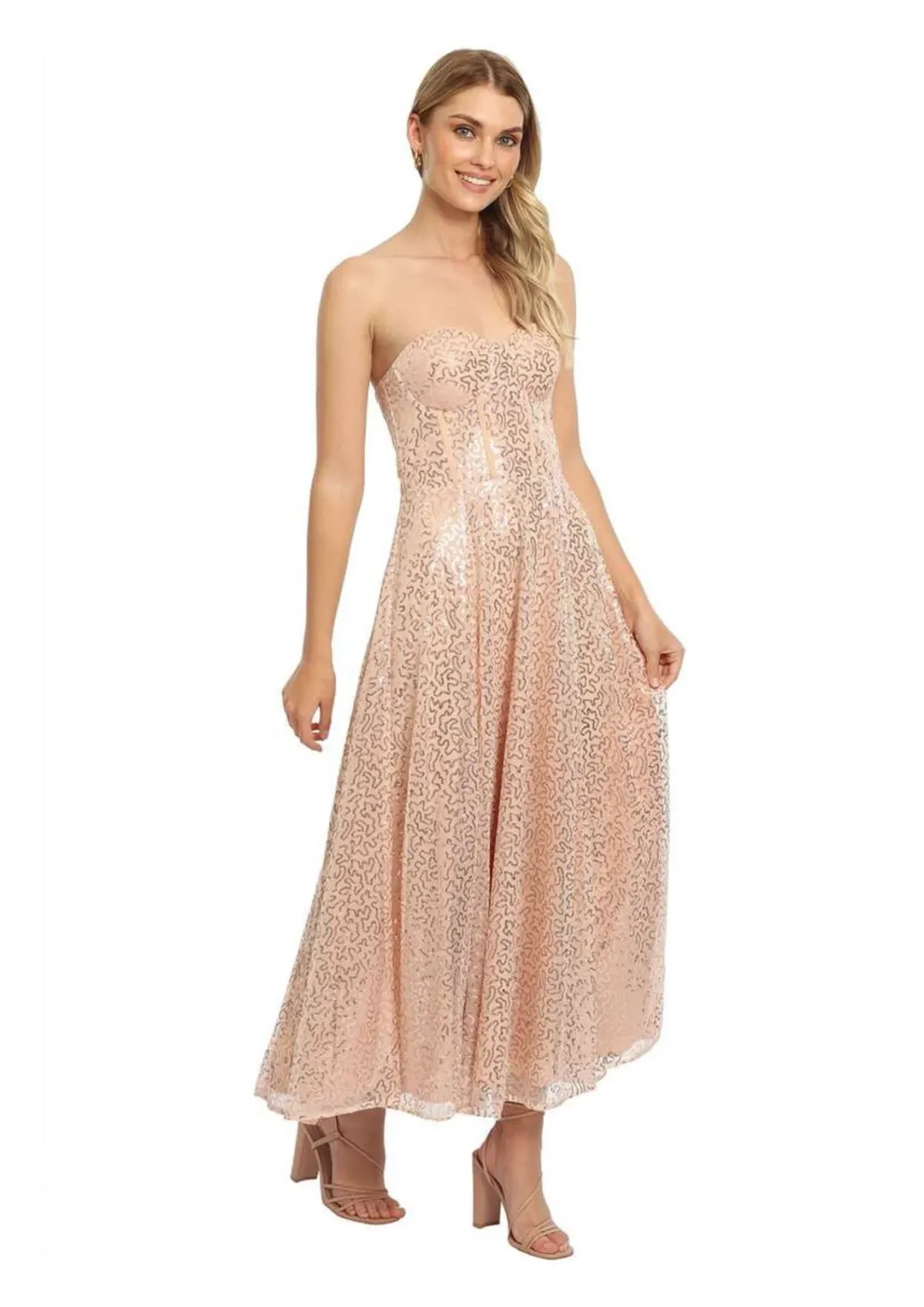 Elle Zeitoune Lana Bustier Midi Dress in Rose Gold Size 8 - Image 1
