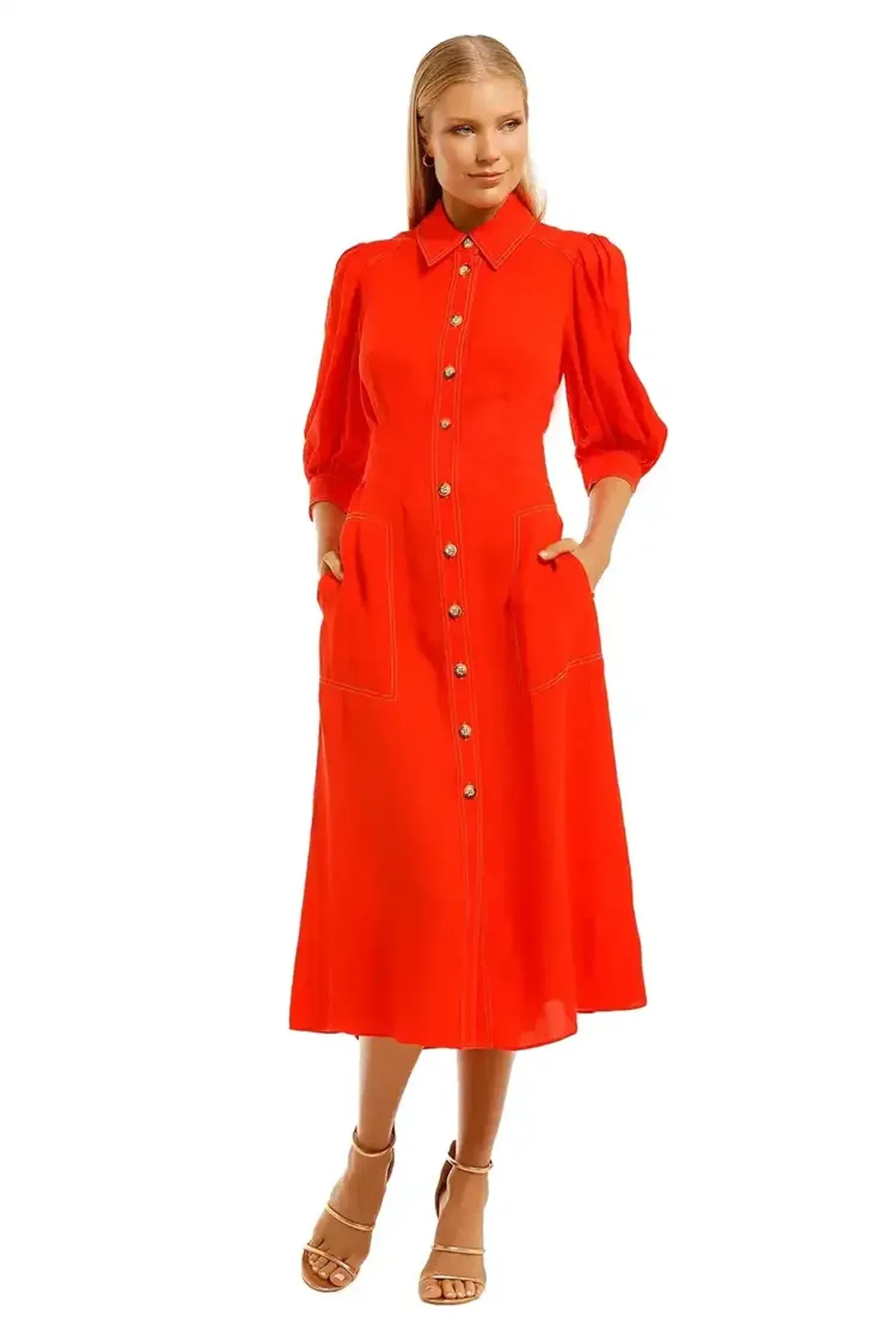 Ginger and Smart Memoir Midi Shirt Dress in Tango Red Size 14 - Image 4