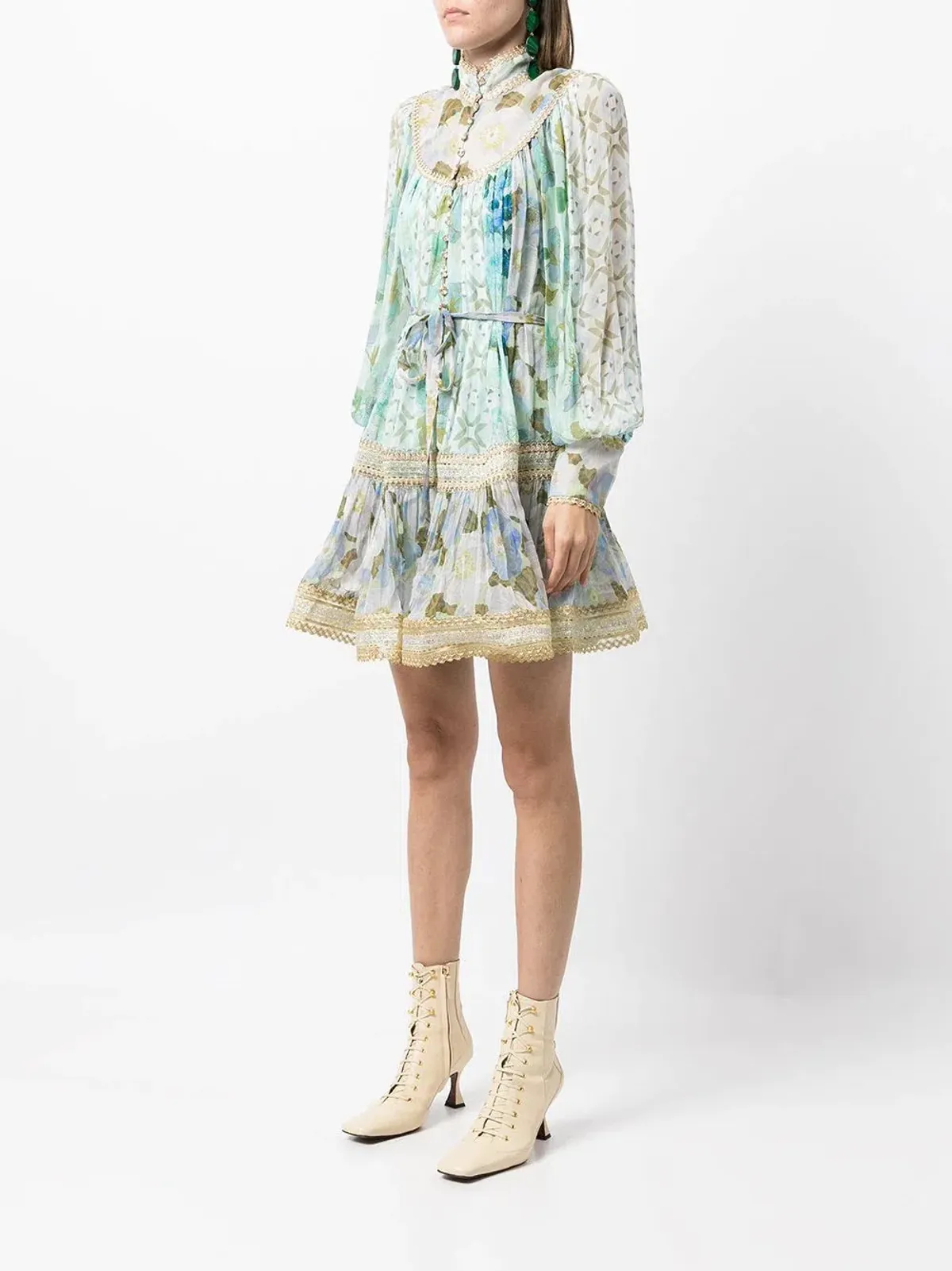 Zimmermann Rhythm Trimmed Billow Mini Dress Aqua Print Size 0 / 8 AU - Image 2