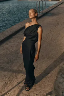 Dissh Cass Linen Asym Midi Dress Black Size AU 8 for rent on The Volte - image 1