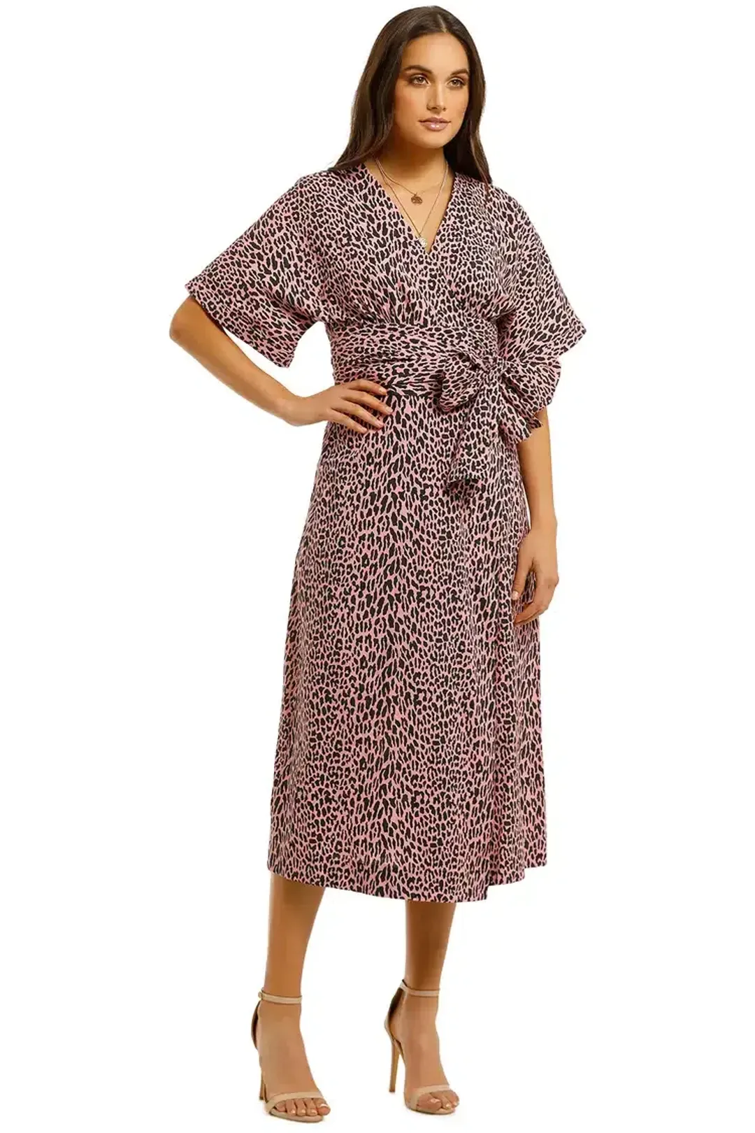 Husk Lima Wrap Midi Dress in Pink Leopard Print Size 14 for rent on The Volte - main image
