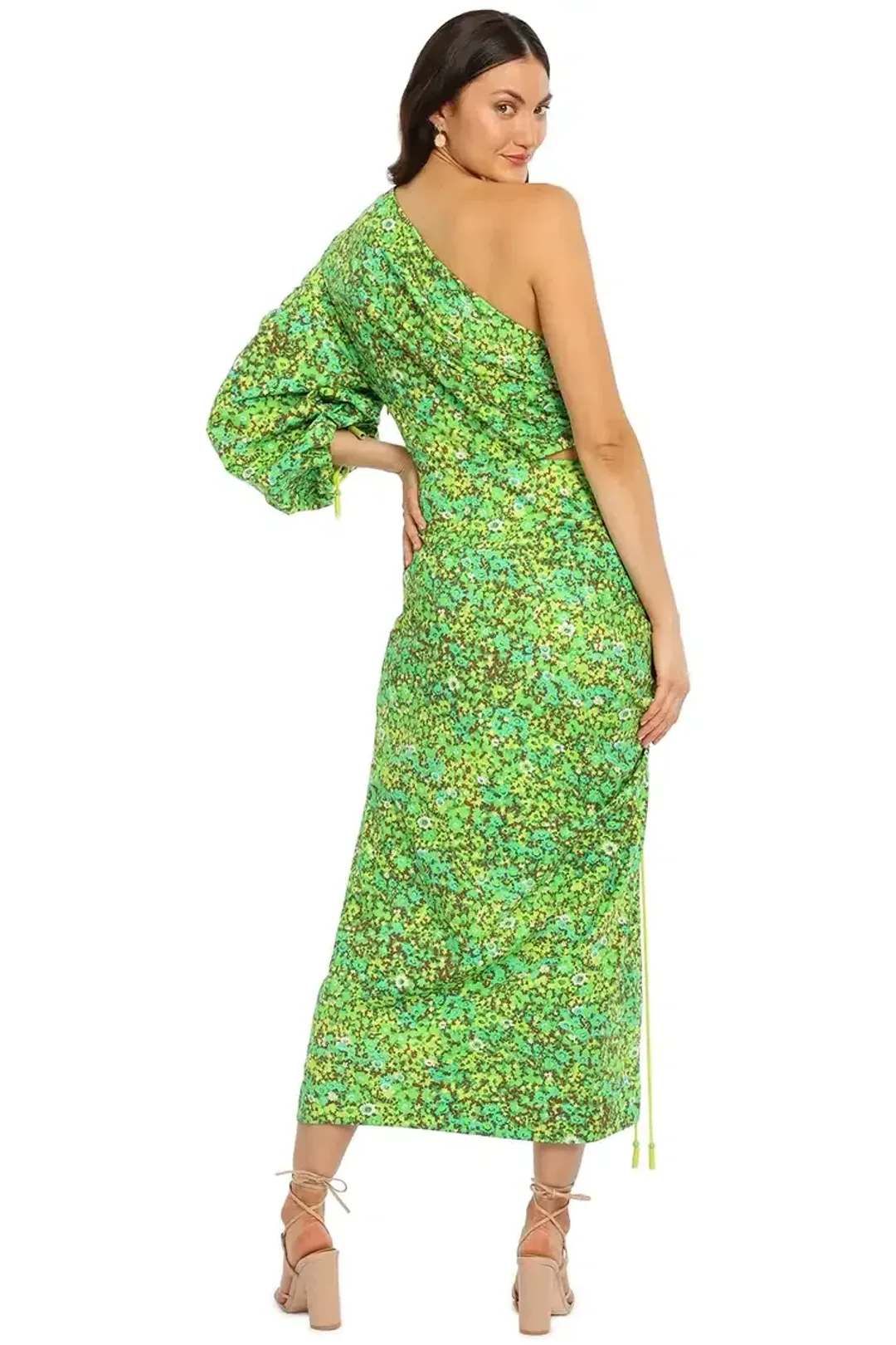 Alemais Phyllis Asymmetric Midi Dress in Green Floral Size 8 for rent on The Volte - main image
