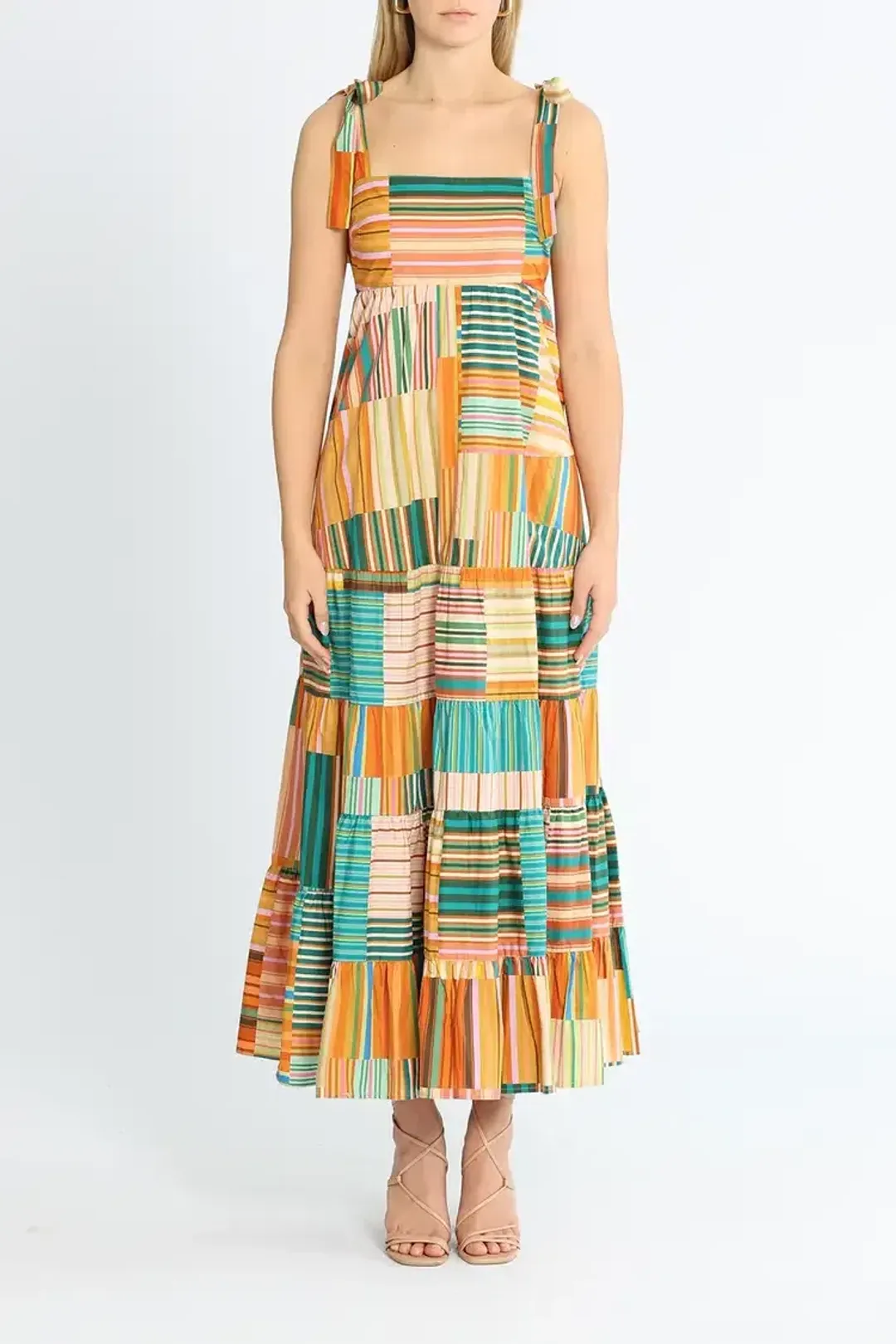 Alemais Sloane Tiered Midi Dress in Multi Stripe Size 8 for rent on The Volte - main image