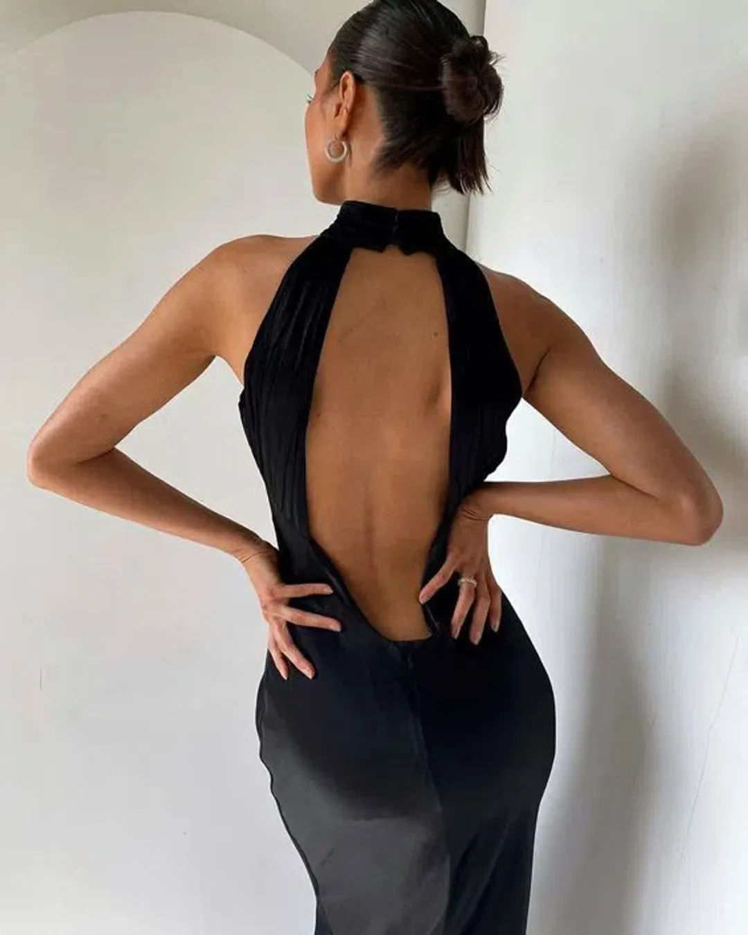Meshki Claire Satin Drape Back Maxi Dress Black Size S / AU 8 for rent on The Volte - main image