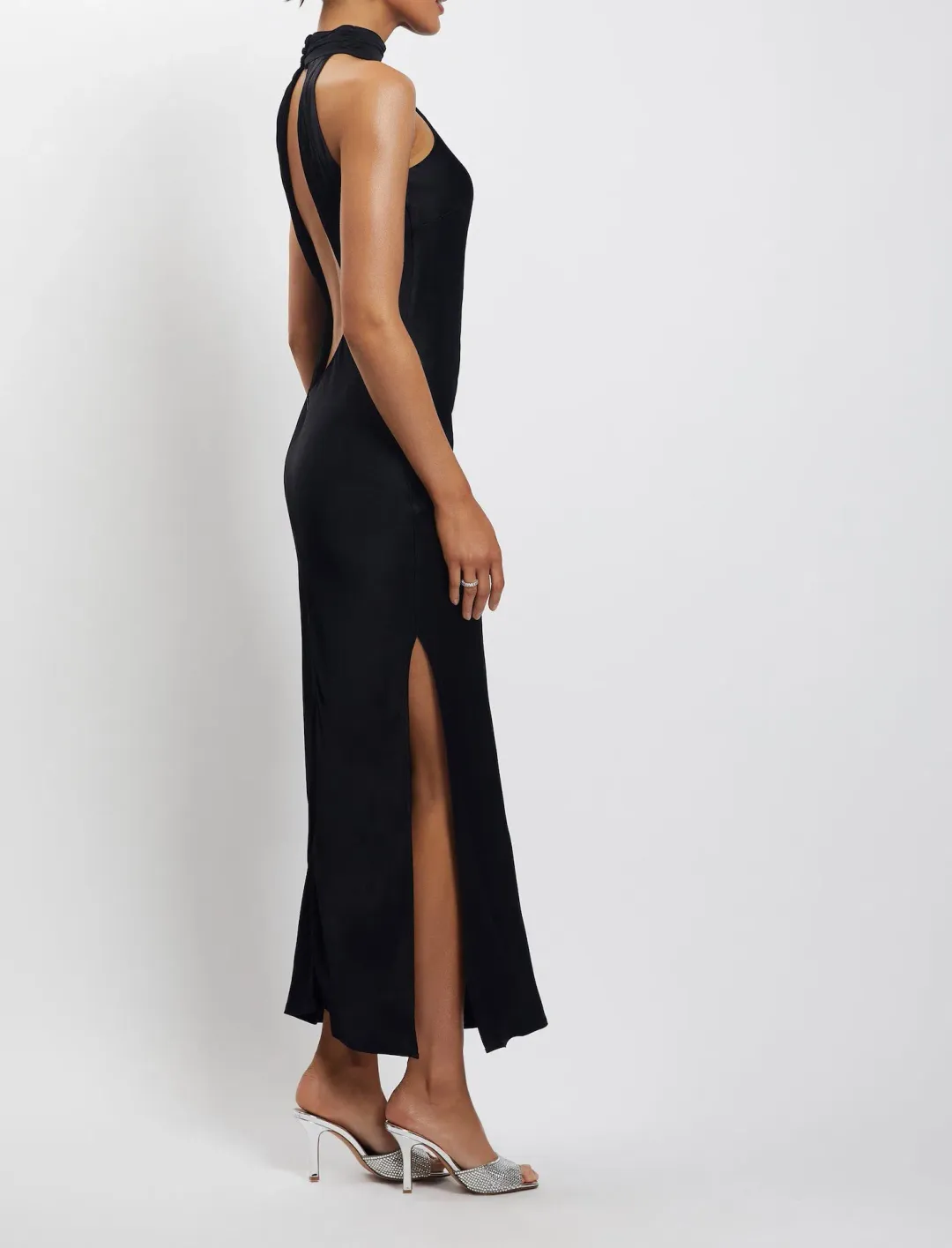 Meshki Claire Satin Drape Back Maxi Dress Black Size S / AU 8 for rent on The Volte - main image