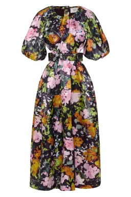 Aje Mimosa Cutout Midi Dress Puff Sleeves Midnight Floral Size AU 10  for rent on The Volte - image 5