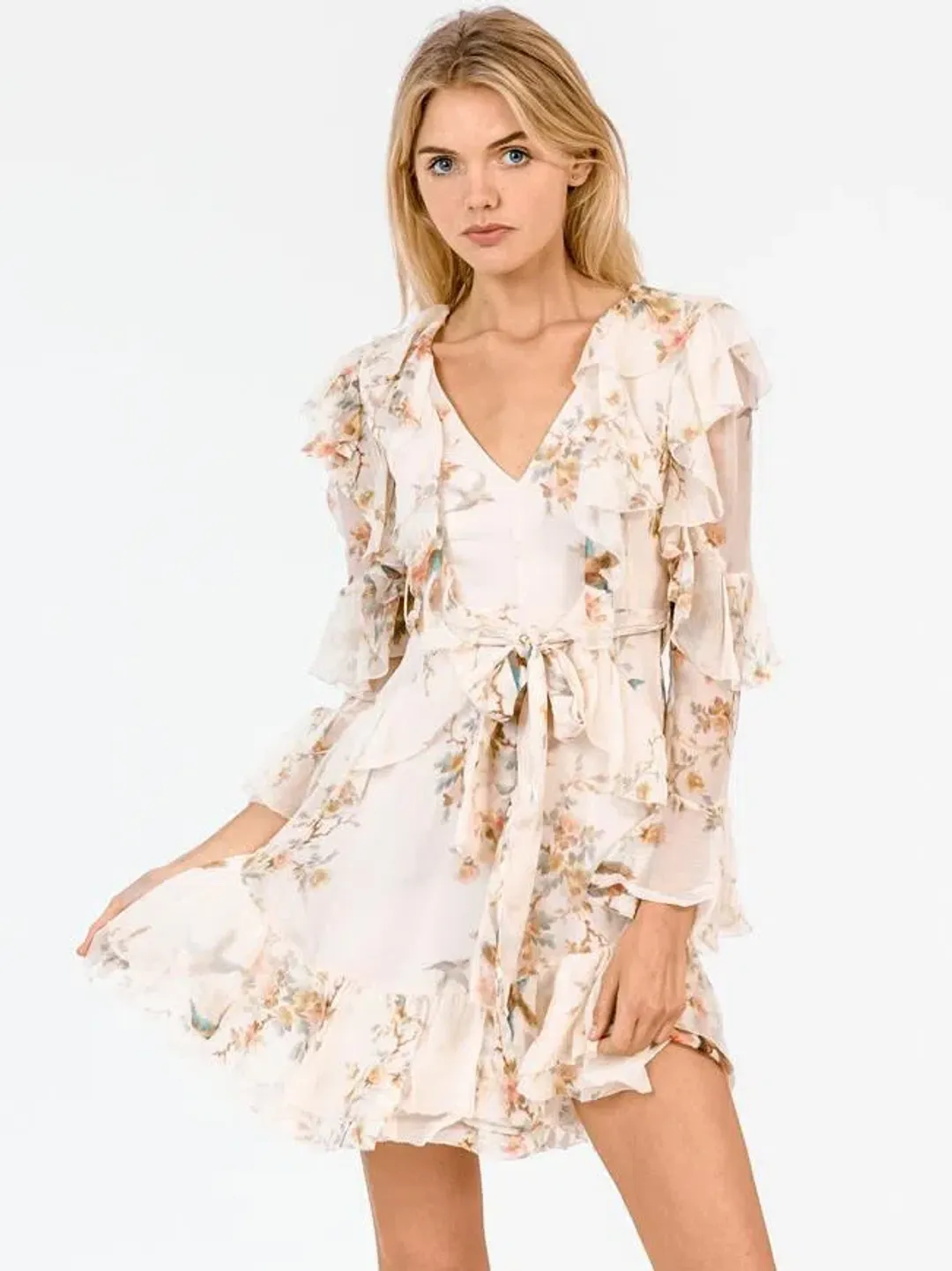 Zimmermann Folly Flutter Mini Dress Cream Floral Size 8 for rent on The Volte - main image