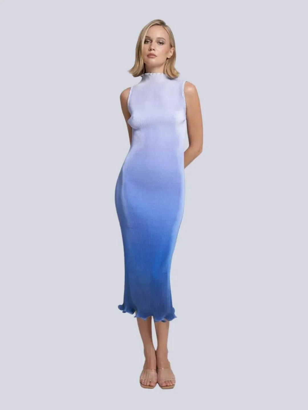 L'Idée Silencio Plisse Midi Dress in Ocean Blue Ombre Size 6 for rent on The Volte - main image