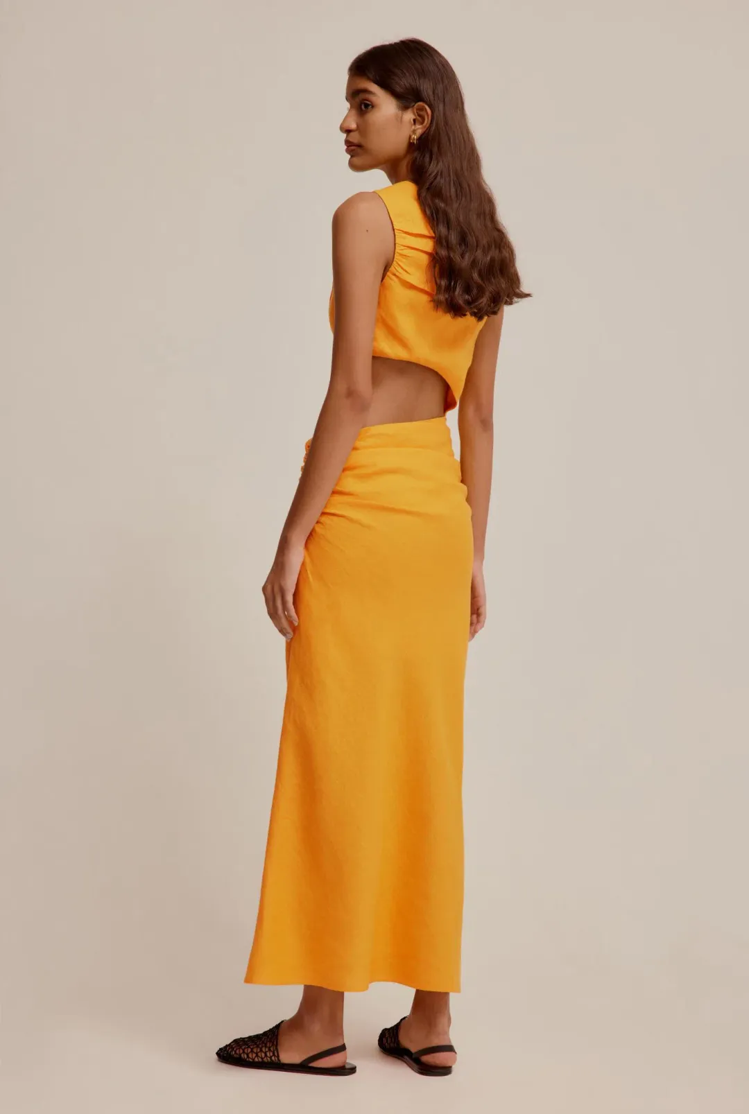 Venroy Linen Cut Out Dress Saffron Size M / AU 10 for rent on The Volte - main image