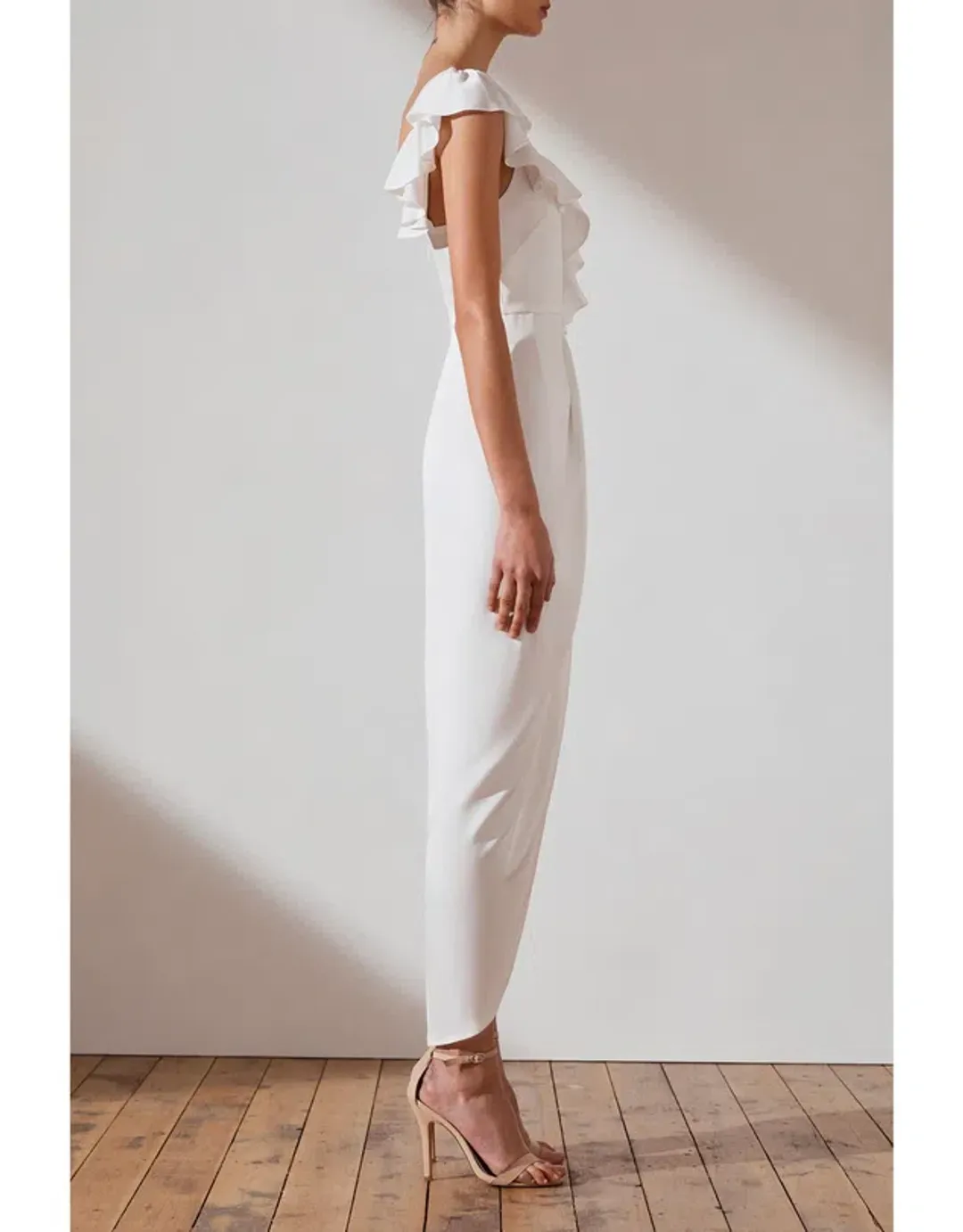 Shona Joy Asymmetrical Frill Midi Dress Ivory Size 10 for rent on The Volte - main image