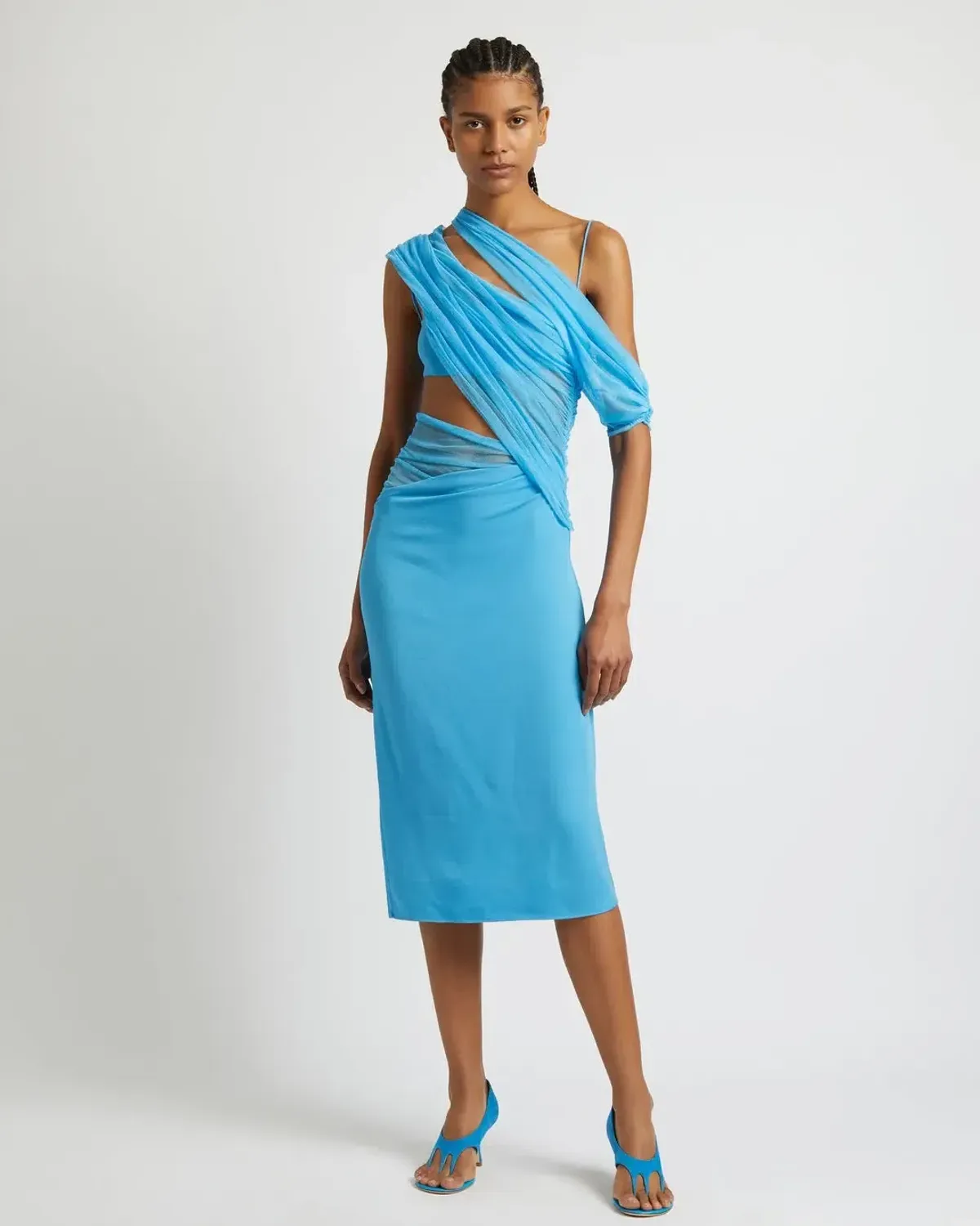 Christopher Esber Magnetica Asymmetric Midi Dress Dolphin Blue Size 8  for rent on The Volte - main image