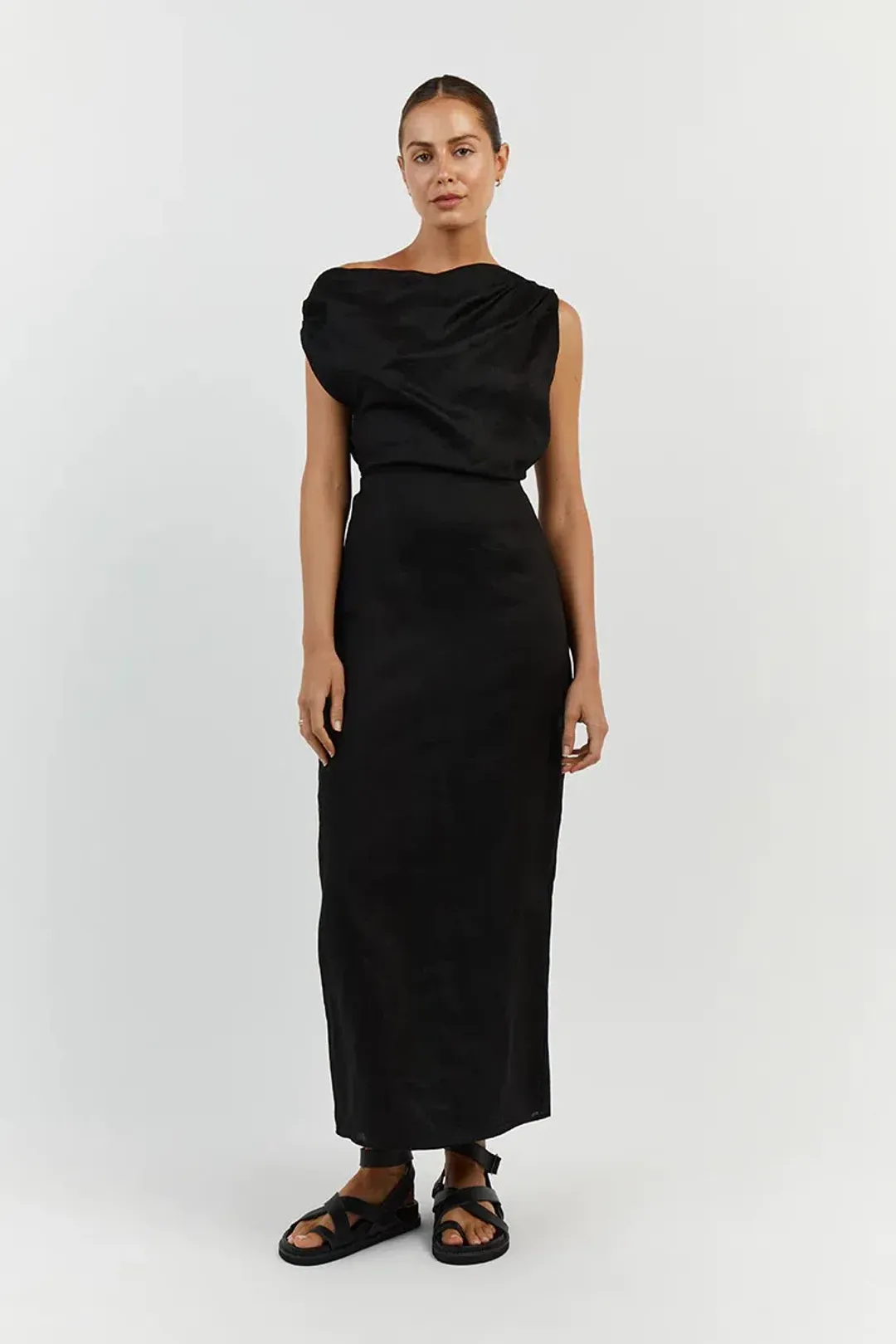 Dissh Cass Black Linen Asym Midi Dress Size 12 for rent on The Volte - main image