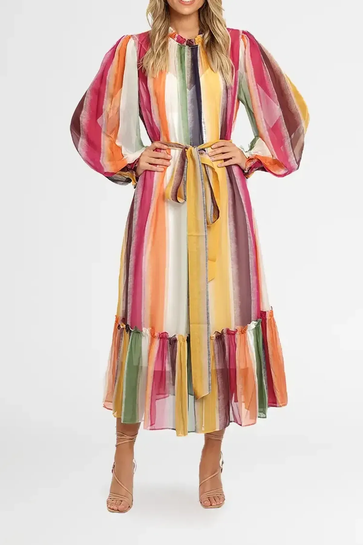 Leo Lin Fortune Stripe Midi Dress Multi Size 14 for rent on The Volte - main image