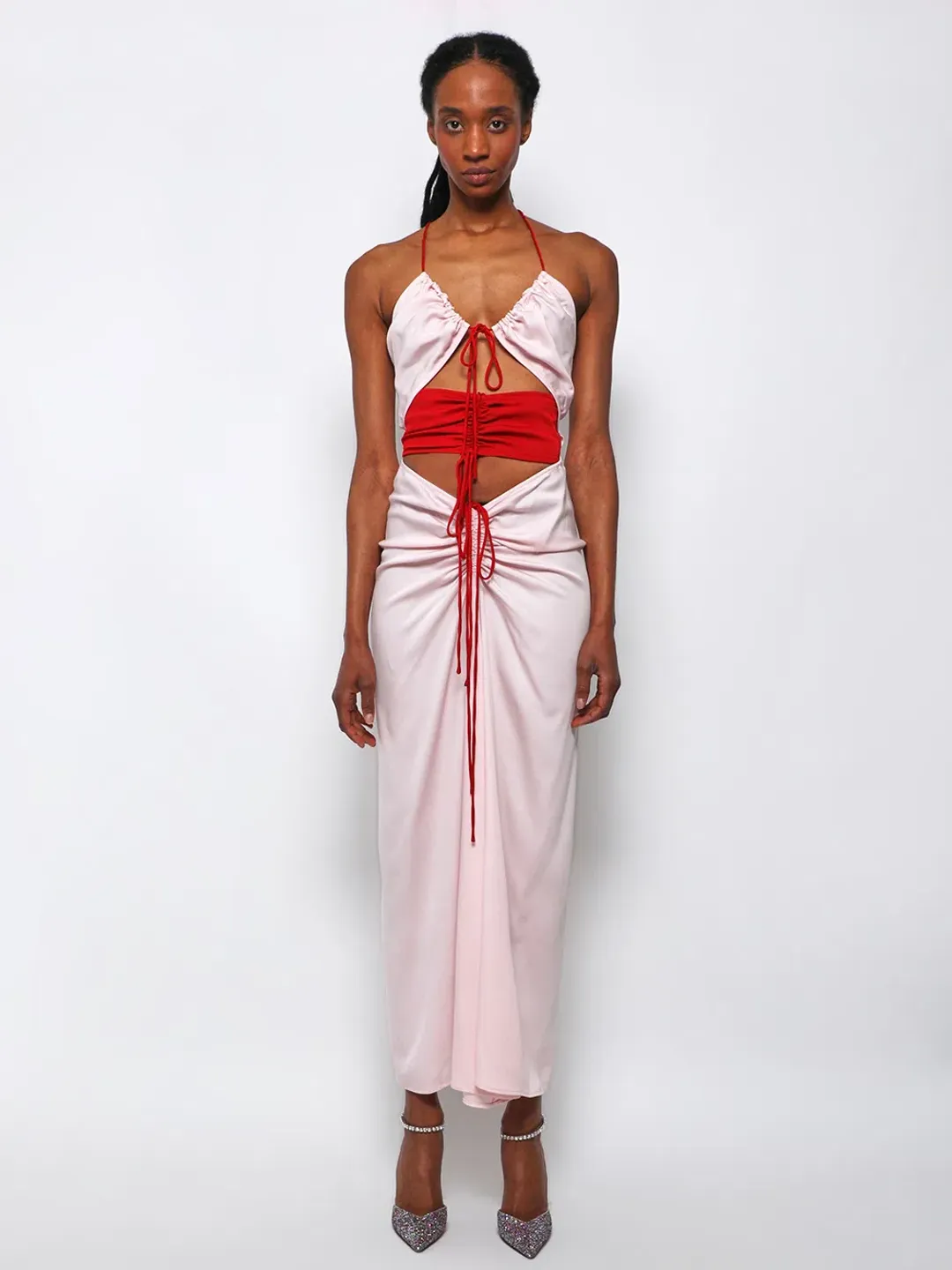 Christopher Esber Multi Panel Disconnect Ruched Halter Dress Rose Quartz Size 12 for rent on The Volte - main image