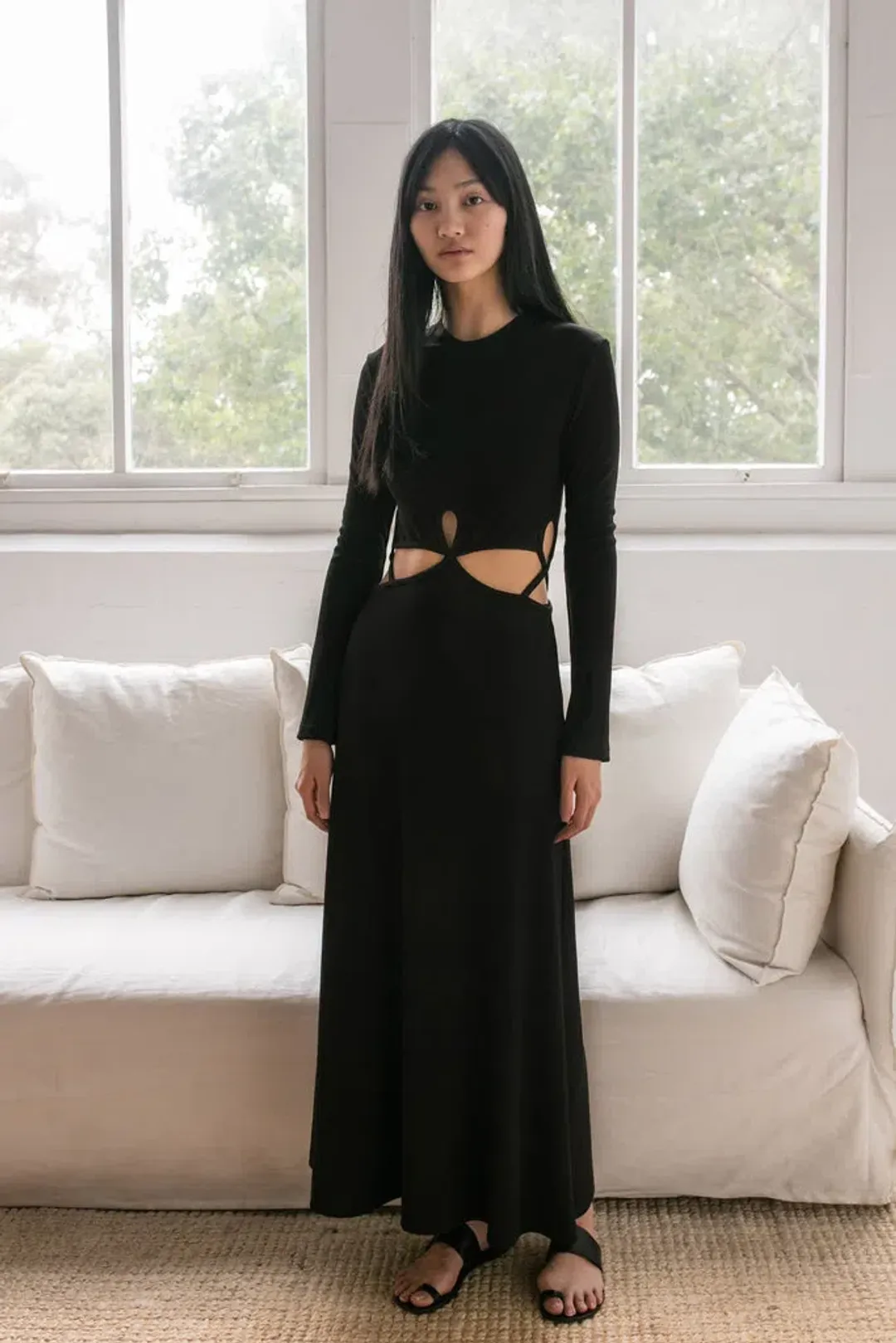 Christopher Esber Looped Cutaway Long Sleeve Rib Dress Black Size 14 for rent on The Volte - main image