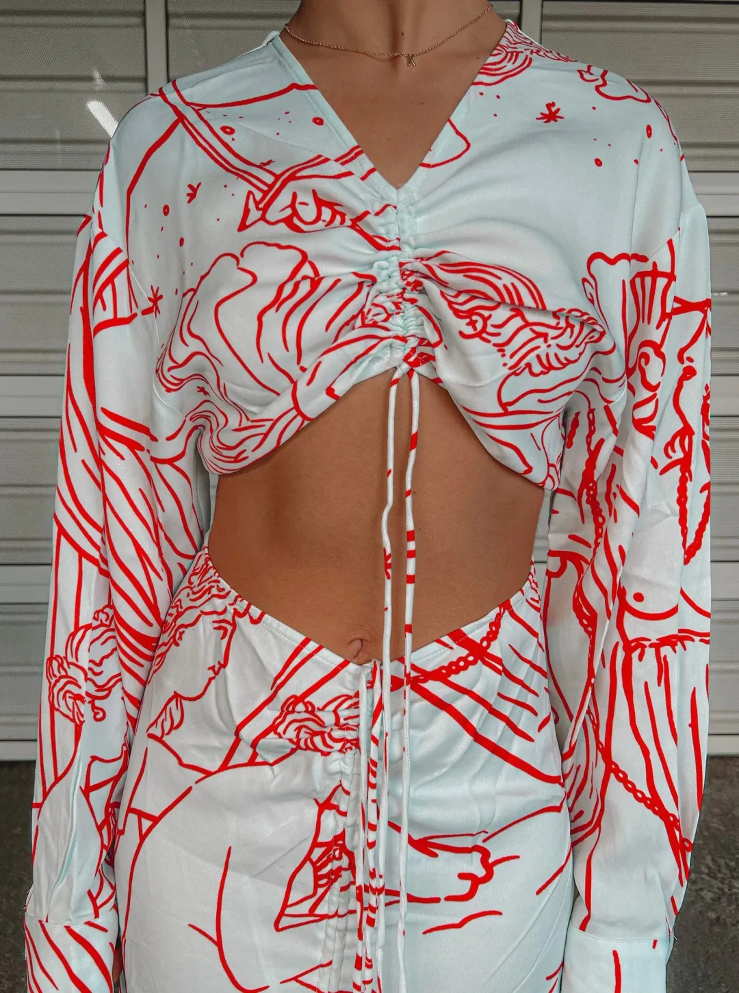 Christopher Esber Ruched Disconnect Shirt Dress Odyssey Print in Red/Ice Size 4 for rent on The Volte - main image