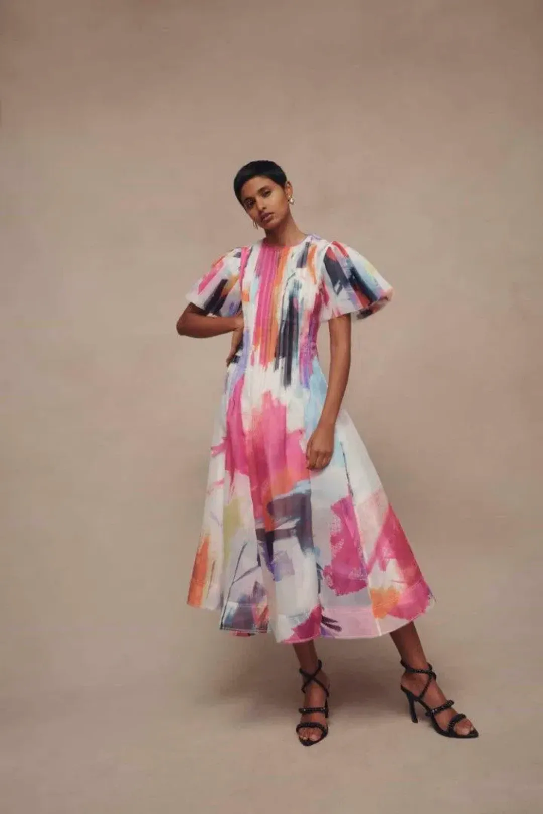 Aje Nova Pleated Midi Dress in Abstract Sunset Size 6 for rent on The Volte - main image