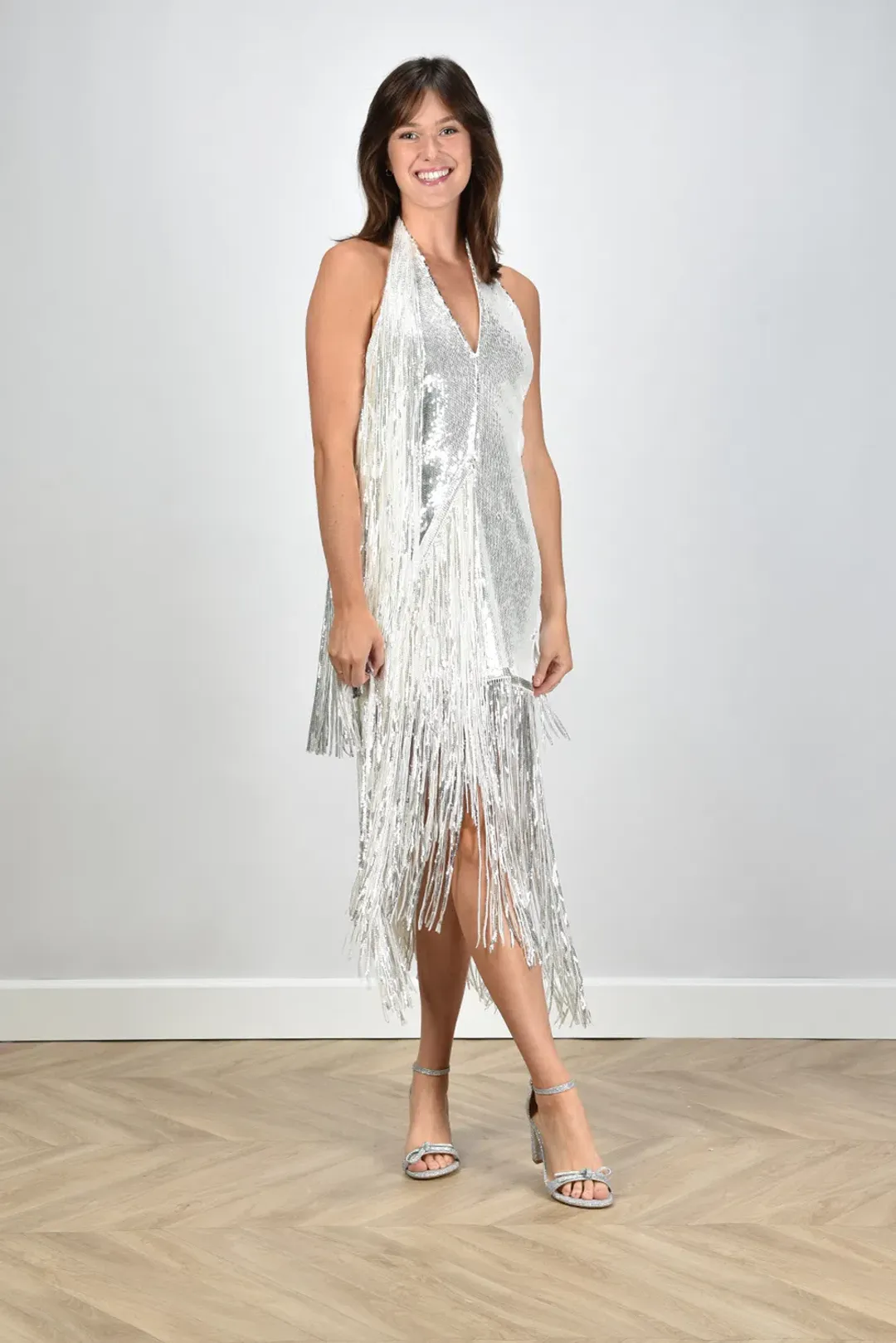 Rotate Sequins Mini Fringe Dress Silver Size 8 for rent on The Volte - main image