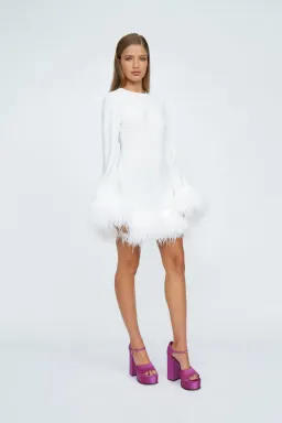 By Johnny Nicola Feather Trimmed Mini Dress Ivory Size 6 for rent on The Volte - image 1