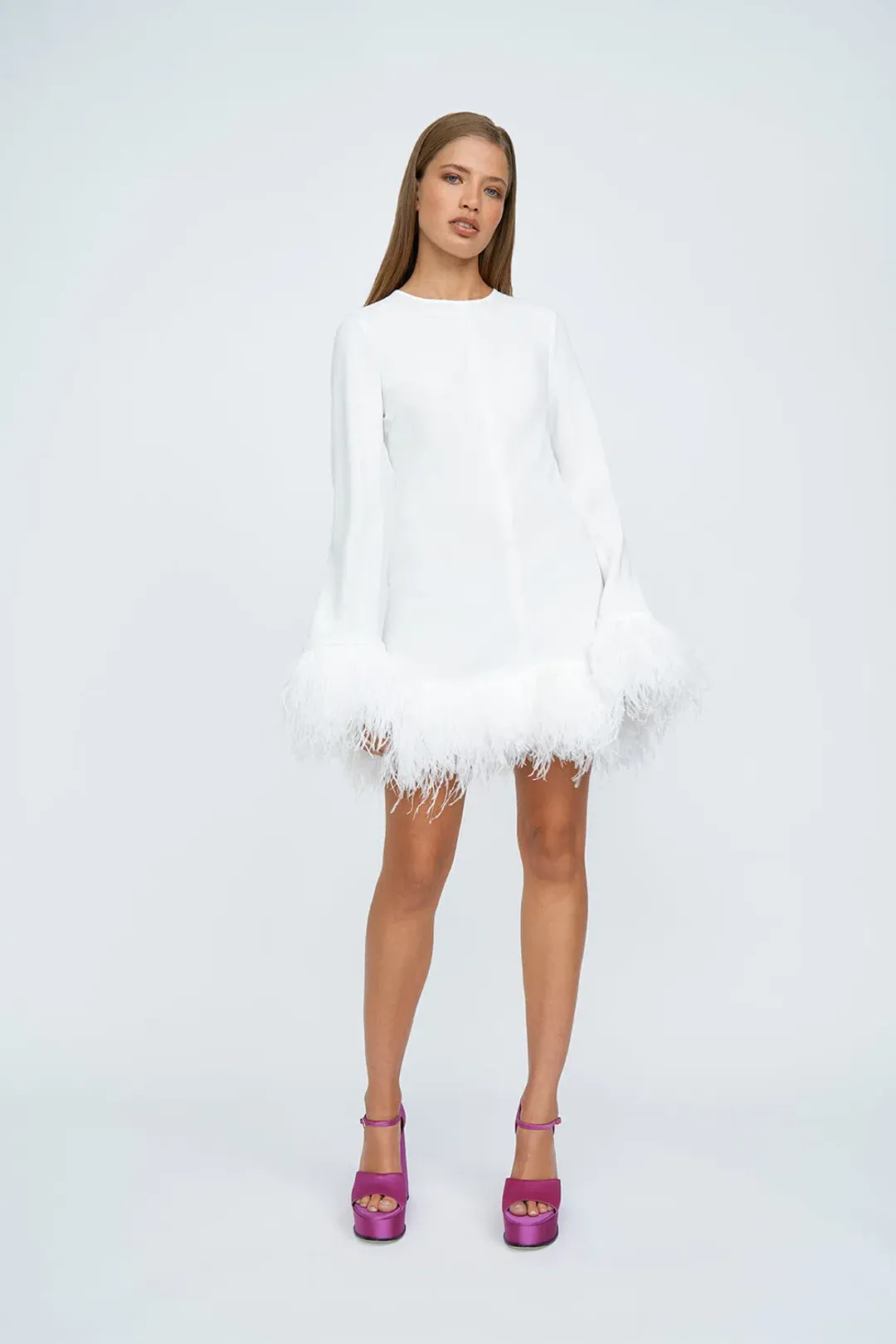By Johnny Nicola Feather Trimmed Mini Dress Ivory Size 6 for rent on The Volte - main image