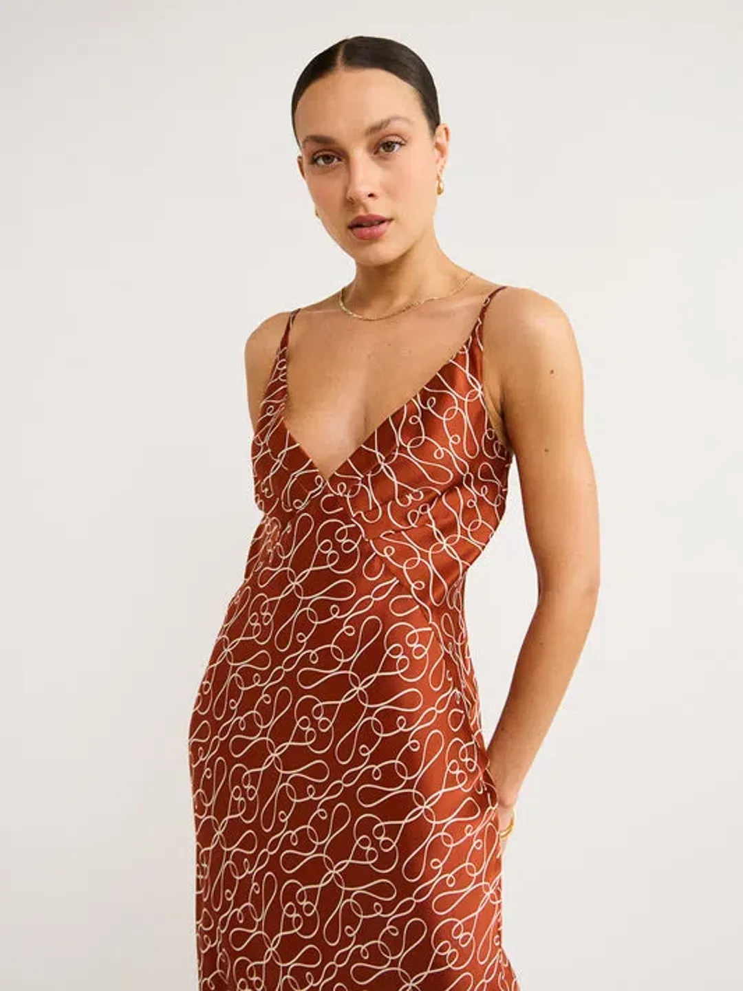 Shona Joy Artisti Silk Plunged Slip Midi Dress In Brick/Cream Size 8 for rent on The Volte - main image
