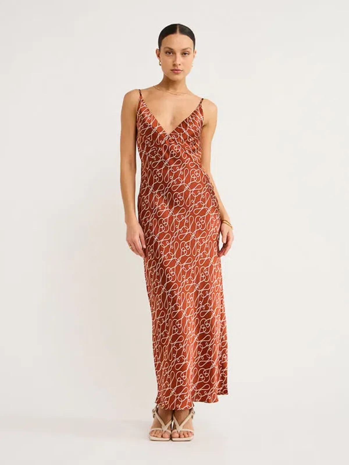 Shona Joy Artisti Silk Plunged Slip Midi Dress In Brick/Cream Size 8 for rent on The Volte - main image