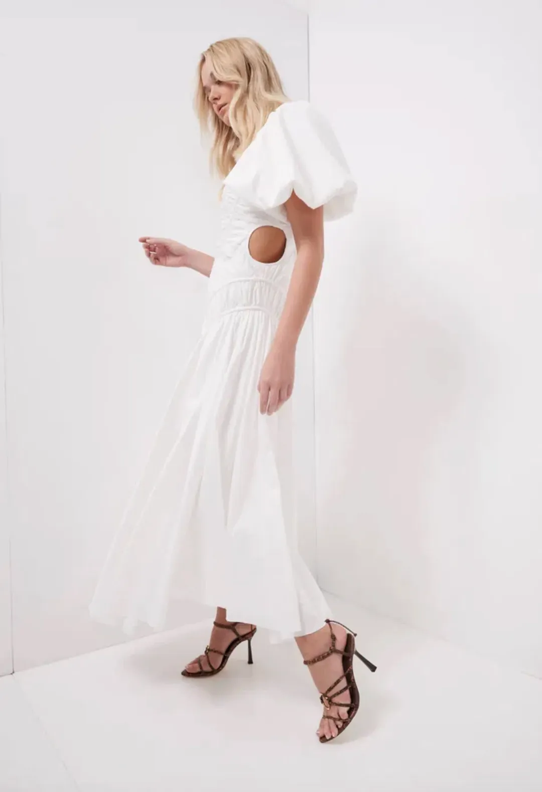 Aje Siren Drawstring Midi Dress in White Ivory Size 6 for rent on The Volte - main image