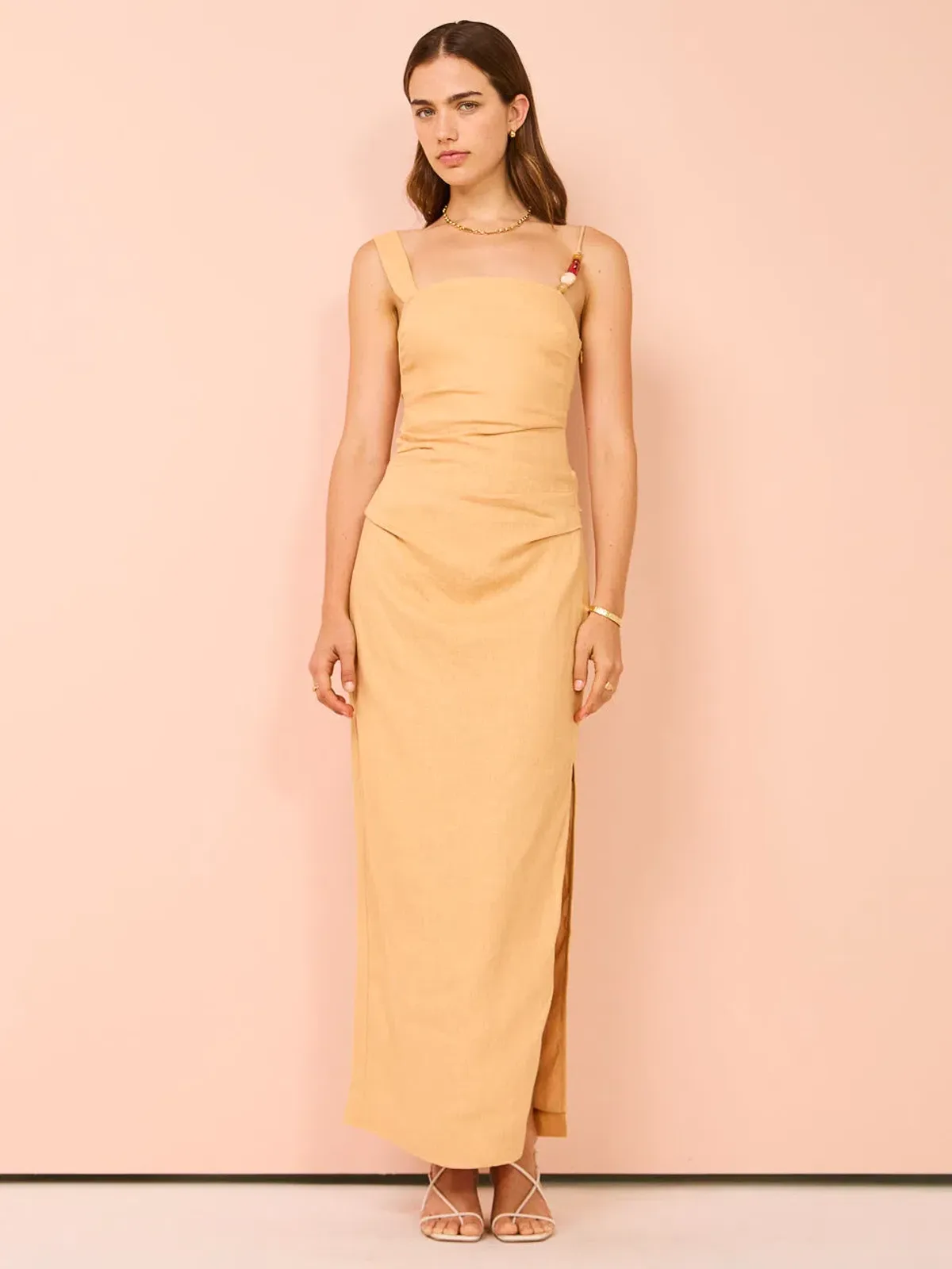 Sir The Label Antonia Beaded Midi Dress Light Tan Orange Size 1 / AU 8 for rent on The Volte - main image