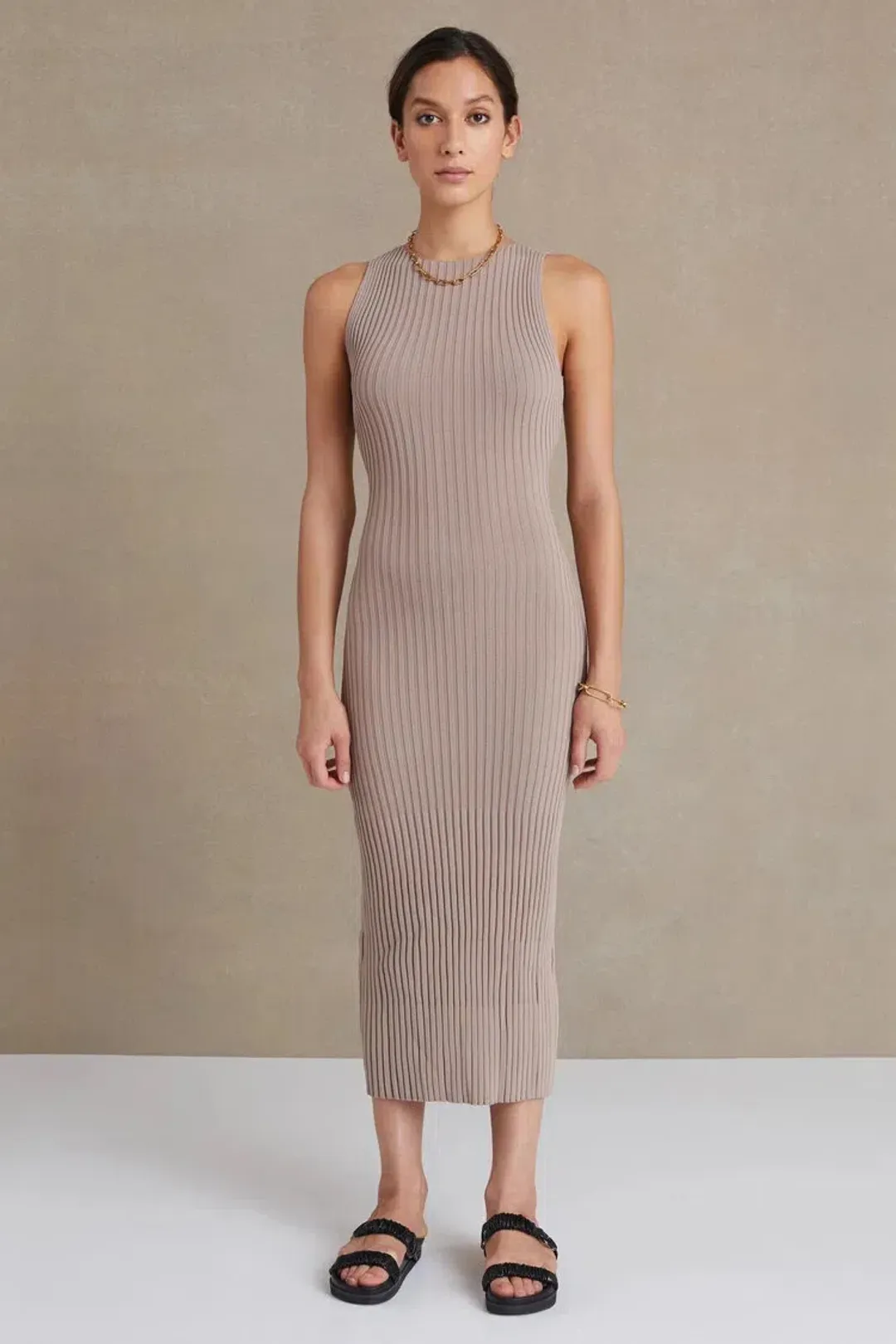 Bec & Bridge Lyla Knit Midi Dress in Fawn Size AU 6  for rent on The Volte - main image