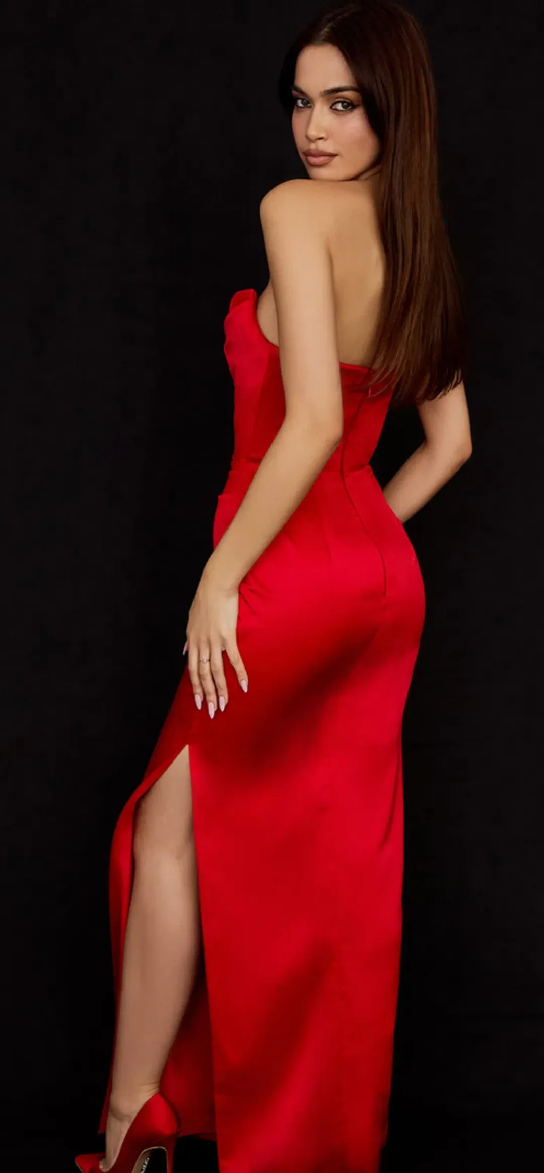House of CB Adrienne Scarlet Satin Strapless Gown size 12 for rent on The Volte - main image